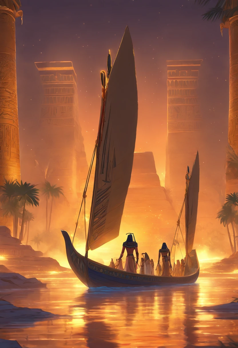 (((Egyptian boat))) best quality, very high resolution, 4K detailed CG, masterpiece, Egyptian mythology, Egyptian canoe, Ancient Egypt, underworld, night, Nile river, stream, river, desert, ancient Egypt, ( (River of the Underworld)), desert at night, aesthetic, Beautiful image, centered on the screen