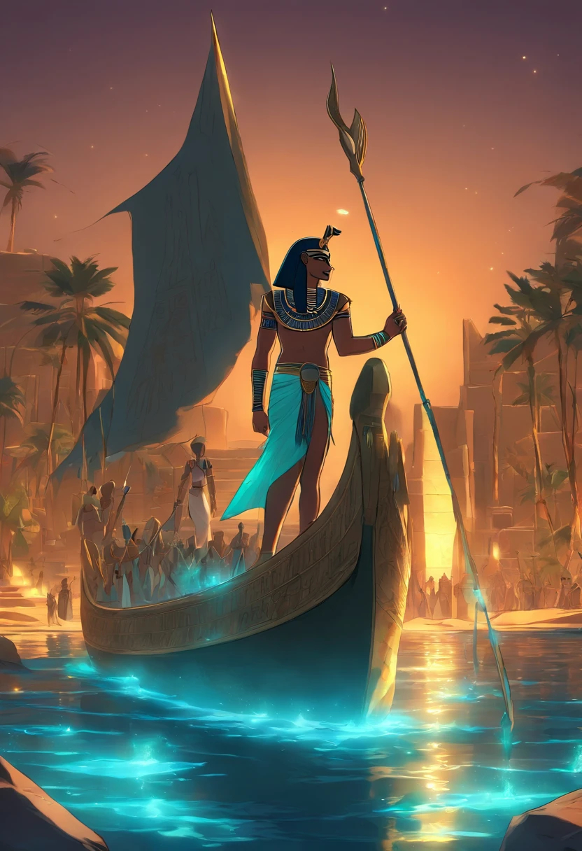 (((Egyptian boat))) best quality, very high resolution, 4K detailed CG, masterpiece, Egyptian mythology, Egyptian canoe, Ancient Egypt, underworld, night, Nile river, stream, river, desert, ancient Egypt, ( (River of the Underworld)), desert at night, aesthetic, Beautiful image, centered on the screen