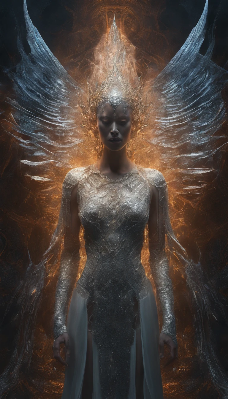 (best quality,4k,8k,highres,masterpiece), ultra-detailed,(realistic,photorealistic,photo-realistic), angelic woman with a mechanical body, cybernetic limbs and features,beautiful detailed eyes,beautiful detailed lips,silver metallic skin, sparkling eyes, vibrant flames, powerful aura, intense energy, flaming feathers[Best quality], detailed metallic textures, glowing effects, dynamic composition, vibrant colors, ethereal lighting. (cosmic,celestial) powers and explosions,supernatural beauty,transformative experience,spiritual awakening,emerging from darkness, glowing circuit patterns,ethereal halo above her head,colorful neon lights reflecting on her body, ethereal atmosphere,evolving forms,divine symmetry,surreal dimensions,illusory effects,luminous aura,intense heat and flames,dazzling light rays, serene expression on her face,graceful floating pose,serene and mysterious aura,elusive and elegant,soft color palette with a hint of blue,soft diffused lighting,creating a dreamlike ambiance.