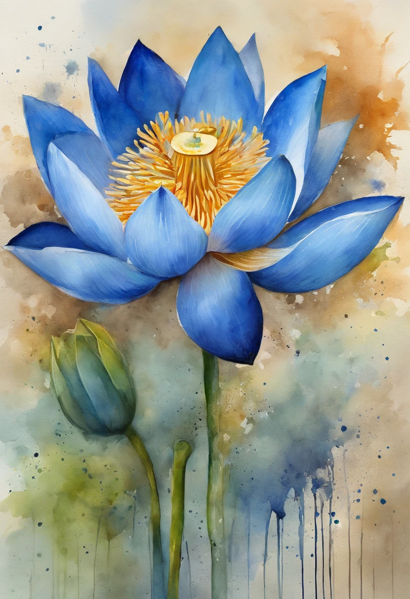 a painting of a blue lotus with a splatter background and spray paint effect, by Eugeniusz Zak, watercolor art, by Károly Lotz, watercolor painting, watercolor painting style, watercolor detailed art, by Reuben Tam, watercolor digital painting, watercolor paint, masterfully detailed watercolor, watercolor art, Grzegorz Rutkowski