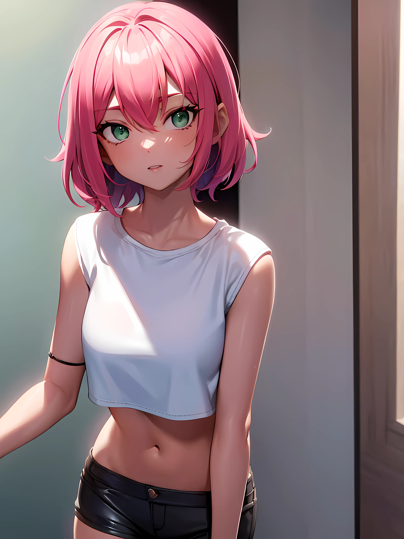1girl, tanned skin, short pink hair, green eyes, wearing plain white shirt, leather shorts, city, absurdres, high res, ultrasharp, 8K, masterpiece, looking at viewer