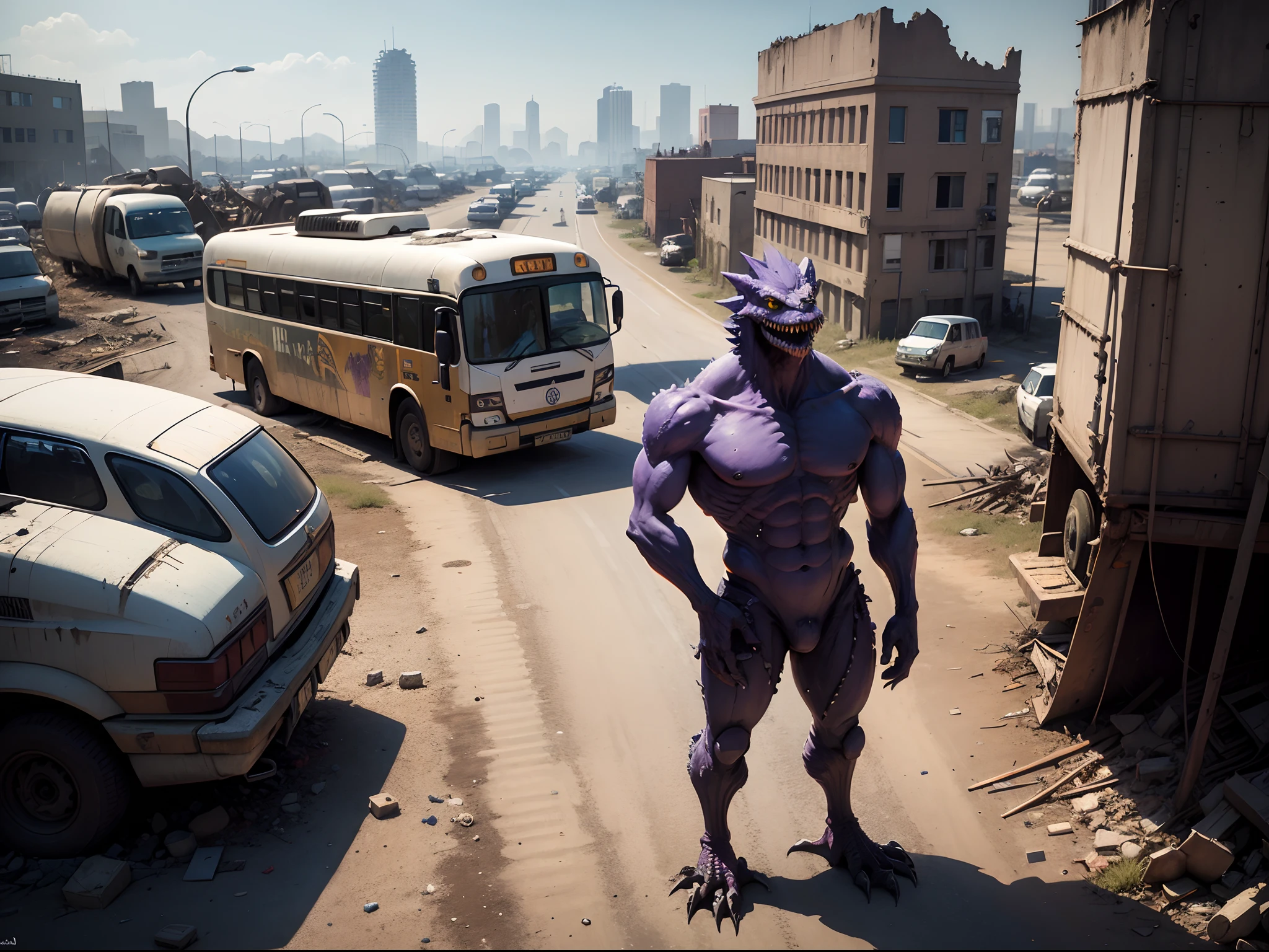 Generate a purple monster The body of a monster like a lizard, wings on the back,It grins and you can see a lot of teeth like a bird.The monster stands on the bones,among which there are many human skulls.A ruined city can be seen in the background,A lot of broken equipment(Cars,Trucks,Buses)