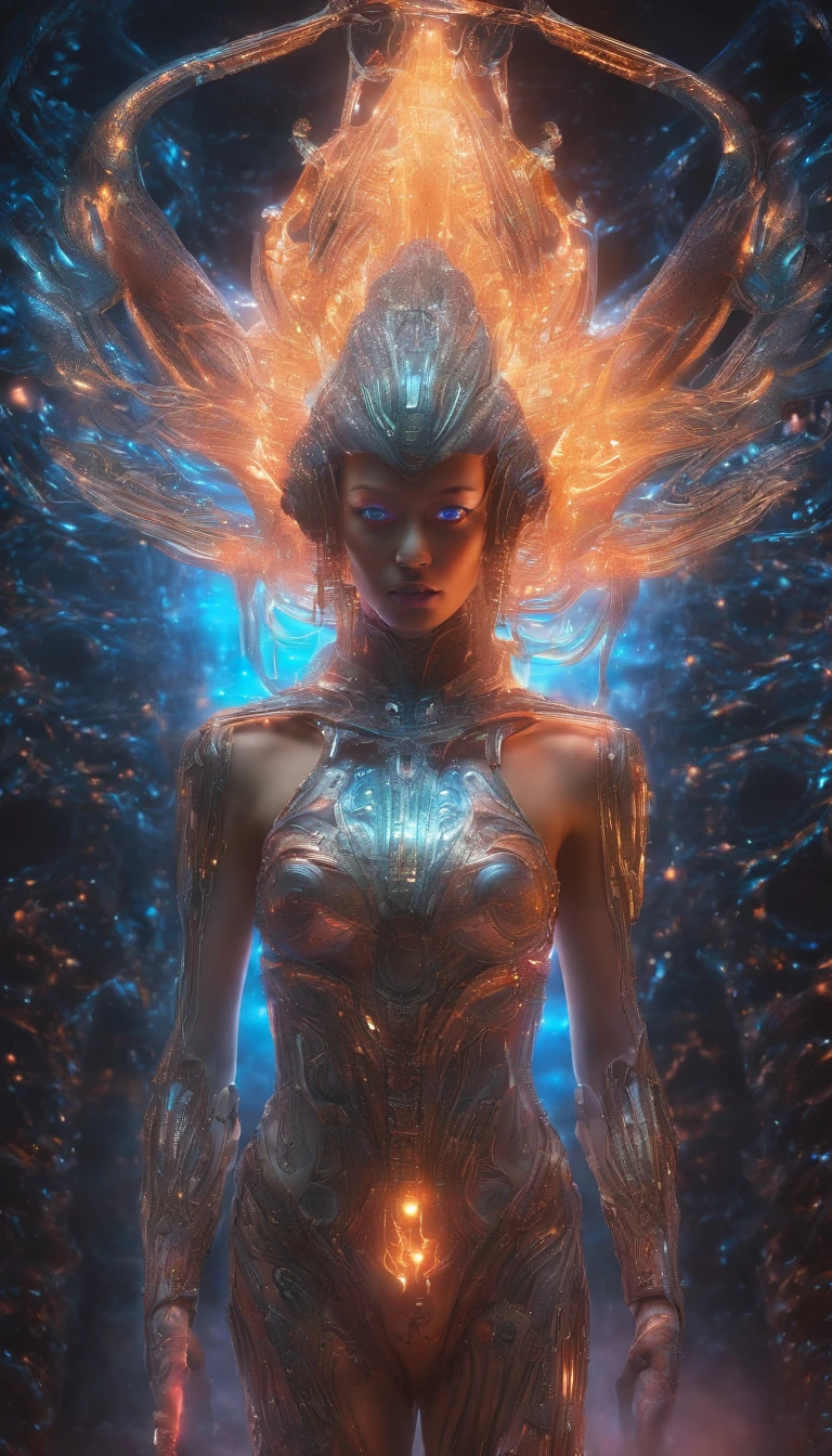 (best quality,4k,8k,highres,masterpiece), ultra-detailed,(realistic,photorealistic,photo-realistic), angelic woman with a mechanical body, cybernetic limbs and features,beautiful detailed eyes,beautiful detailed lips,silver metallic skin, sparkling eyes, vibrant flames, powerful aura, intense energy, flaming feathers[Best quality], detailed metallic textures, glowing effects, dynamic composition, vibrant colors, ethereal lighting. (cosmic,celestial) powers and explosions,supernatural beauty,transformative experience,spiritual awakening,emerging from darkness, glowing circuit patterns,ethereal halo above her head,colorful neon lights reflecting on her body, ethereal atmosphere,evolving forms,divine symmetry,surreal dimensions,illusory effects,luminous aura,intense heat and flames,dazzling light rays, serene expression on her face,graceful floating pose,serene and mysterious aura,elusive and elegant,soft color palette with a hint of blue,soft diffused lighting,creating a dreamlike ambiance.