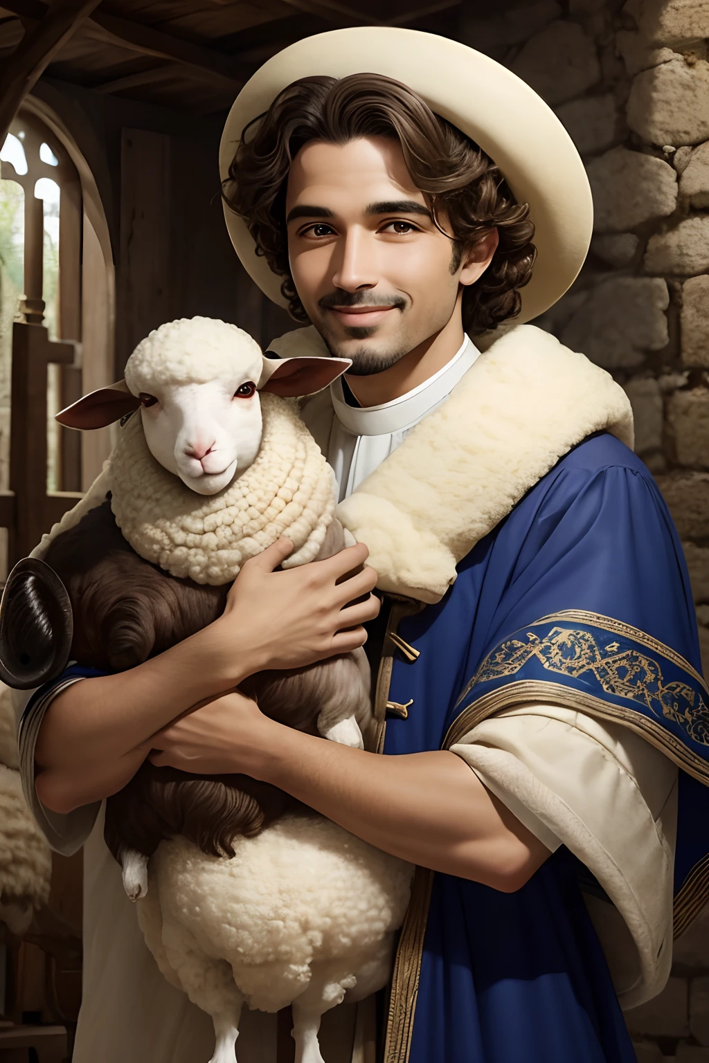 pastor de ovelha dos tempos biblicos, Holding a sheep in your arms and stroking it with a smile on your face