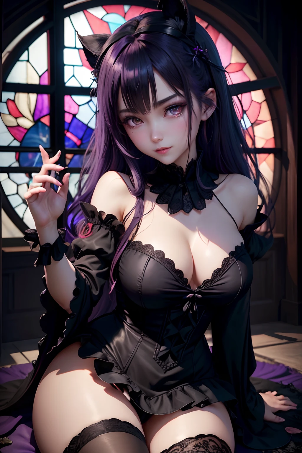 A sexy、Glamour、A slight smil、garterbelts、knee high socks、panthyhose、Beautifying the world、Unhappy、Lament my night's fantasy、Beautie、Beautiful shape、wretched、ghosts、wraiths、Evil Spirit、Beautiful、boredom、Unusual beauty、Bewitching、Fornication、Hard Dark Gothic Makeup、Maniacal、Deep night sky、horor、twin-tail hair、Black Dark Eyeshadow、Visual Lock、slaves、crying how bright、mourn、Sad songs、Good skin luster、Lace pink、Long hair straight hair、Dark Gothic Makeup、Dark smile、An abnormal、Restless Palace、Kamimei、Pleasant look、Fragrant beauty、Smell、lovely、Kiss Face、age19、carriage、Lying、seductiv、look down from above、 plump thighs、Strong sexual pleasure、masturbation、A look of shame、open your legs a little、maid clothes、Dark Gothic、Gothic Long Dress、Gothic lolita、toilet、Toilet room、bath room、Get on your knees、Purple hair、masturbation、bell sleeves、Wizard Sleeve、Obscene look、Stained glass background、Angle from foot to head、masterpiece、best quality、ultra-detailed、all-fours、crawl on all fours、Crawl your bet、sleeps in a bed、Raise your buttocks、Turn your buttocks、