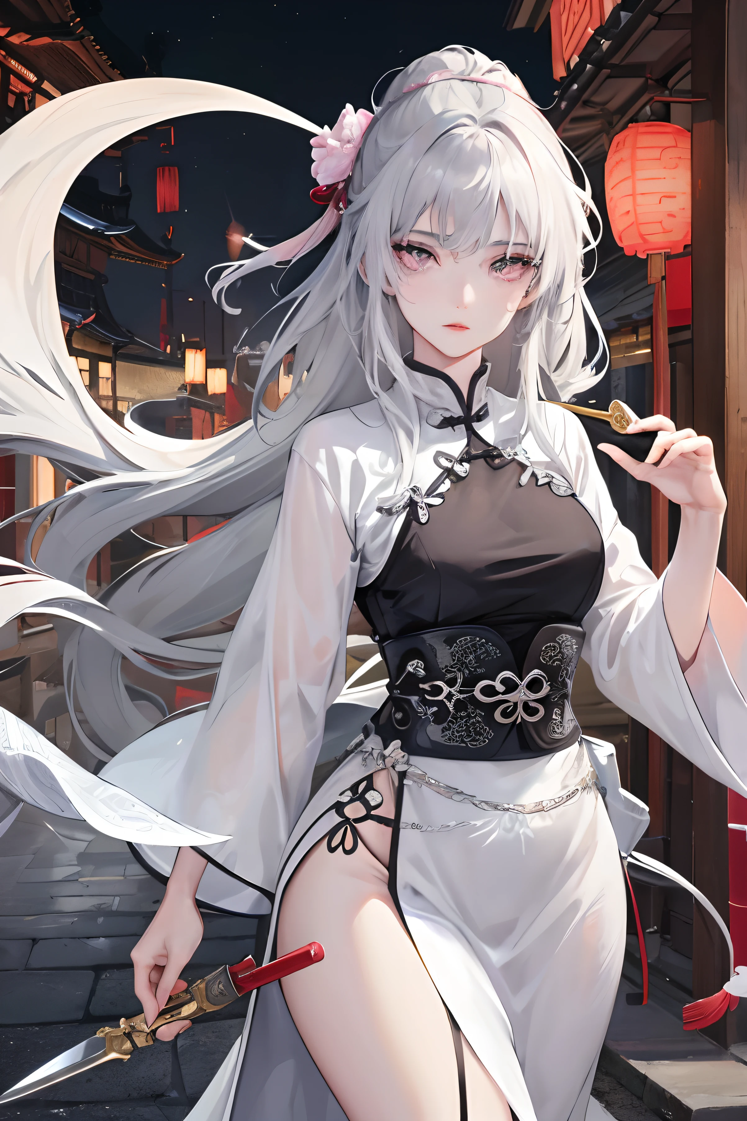 Masterpiece, Best Quality, Night, Full Moon, 1 Girl, Mature Woman, Chinese Style, Ancient China, Sister, Royal Sister, Cold expression, expressionless face, Silver white long haired woman, Light pink lips, Calm, Intellectual, Three belts, Gray pupils, Assassin, Short knife, Flower ball background, Strolling in the street scenery