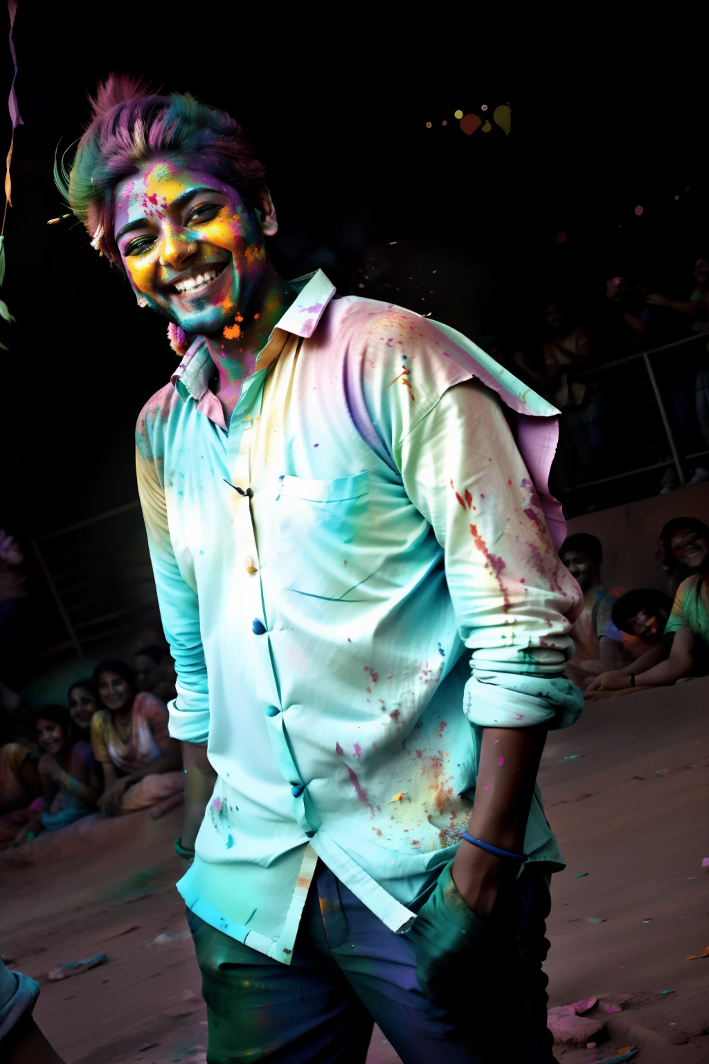 in a crowd of people, * colour splash *, holi festival of rich color, with a happy expression, festival of rich colors, a still of a happy, smiles and colors, archan nair, joyful look, happy and spirited expression, cheerful expression, prize winning color photo, being delighted and cheerful, cheerful atmosphere