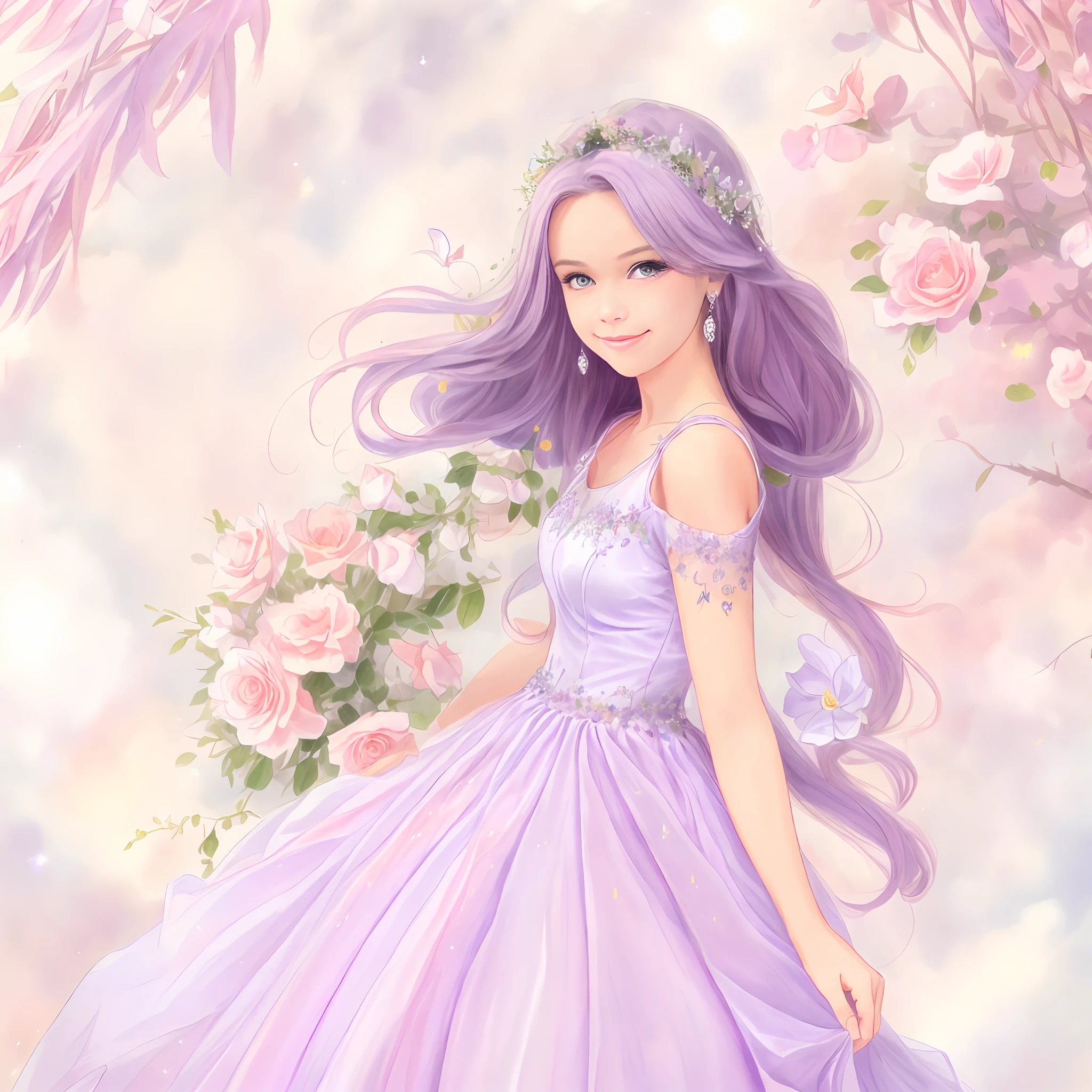 Beautiful girl smiling in bright lilac glitter dress