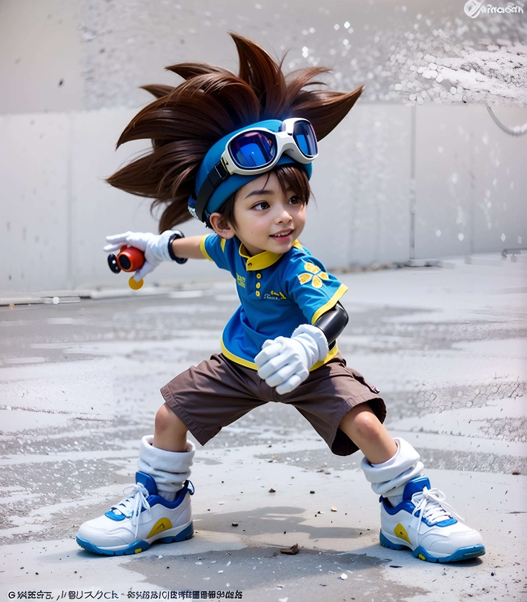 male oriental character, brown hair, diving goggles, blue t-shirt with yellow collar, white gloves, brown shorts, white sneakers blue and yellow details