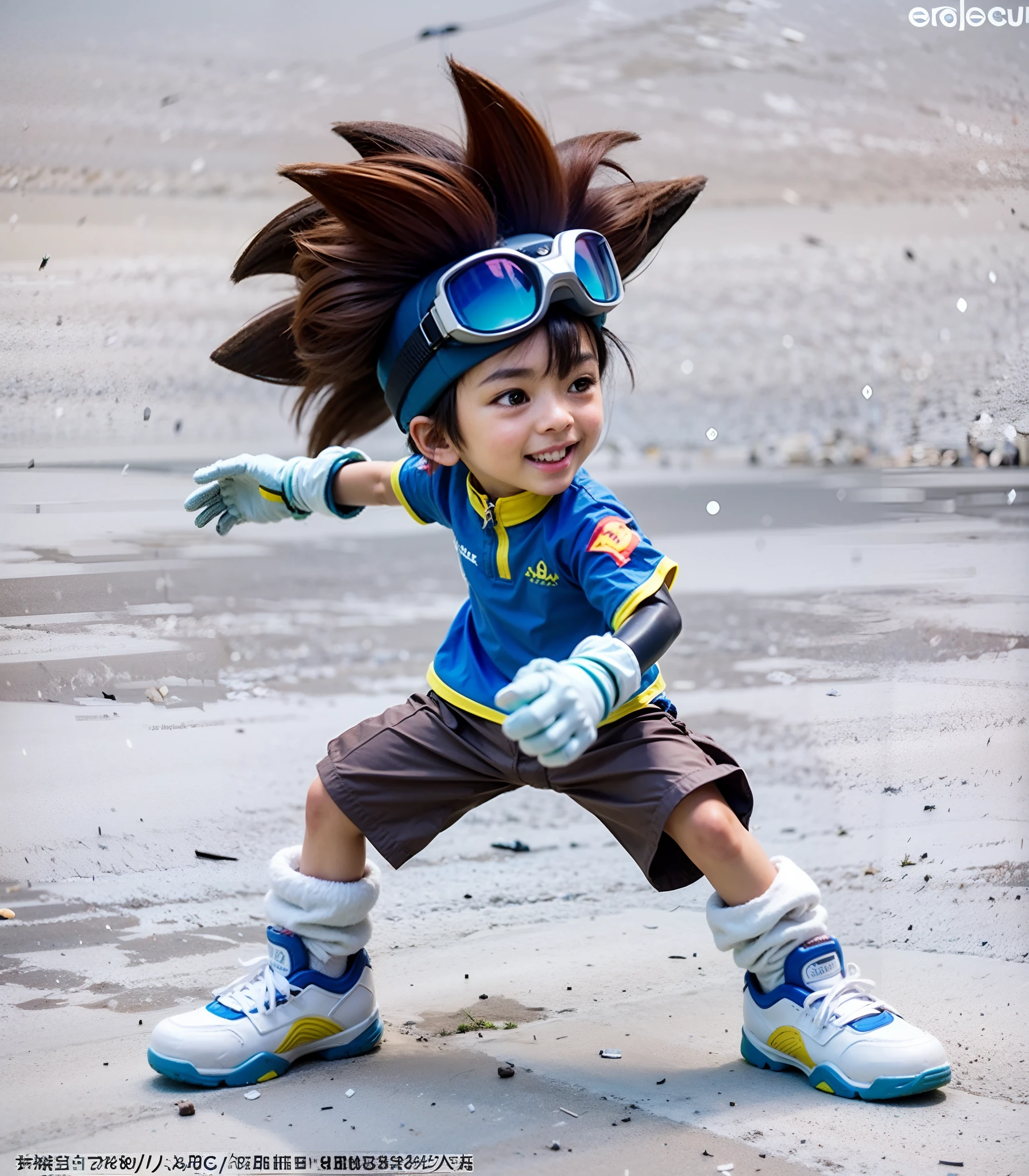 male oriental character, brown hair, diving goggles, blue t-shirt with yellow collar, white gloves, brown shorts, white sneakers blue and yellow details