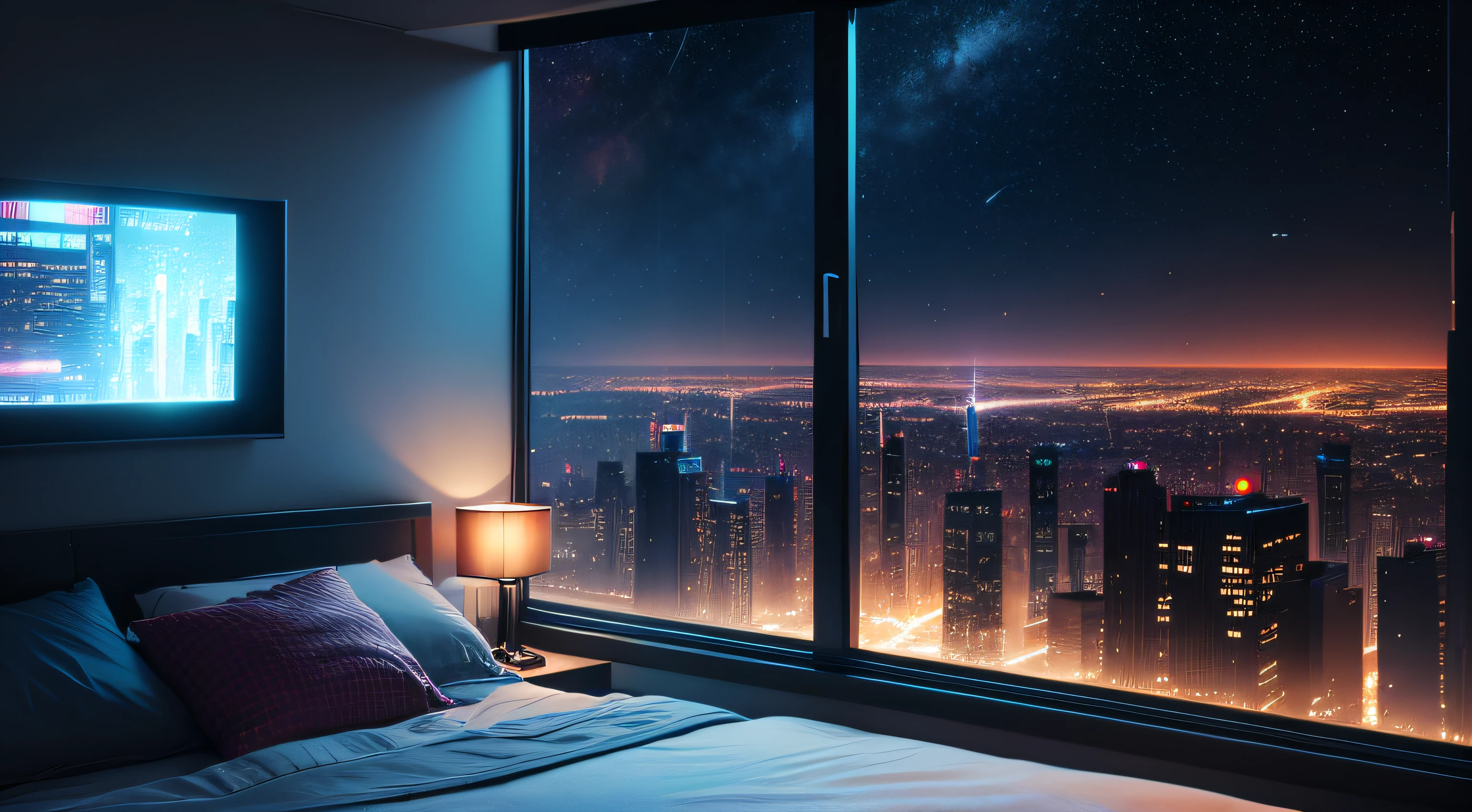 Bustling city outside the window,cyber punk perssonage,There is a bed in front of the window,Electronic clock,the night,messy rooms,A sky full of stars,(space)