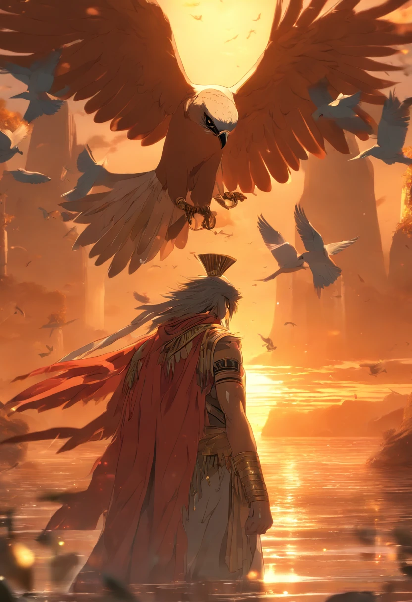(((Body of a man and head of a bird))) best quality, very high resolution, 4K detailed CG, master piece, Egyptian mythology, Atum-Ra, Ancient Egypt, underworld, Sunrise, morning, River Nile, stream, River , desert, Ancient Egypt, ( (Sunrise)), aesthetic, Beautiful image, centered on the screen, ((Falcon's head and man's body))