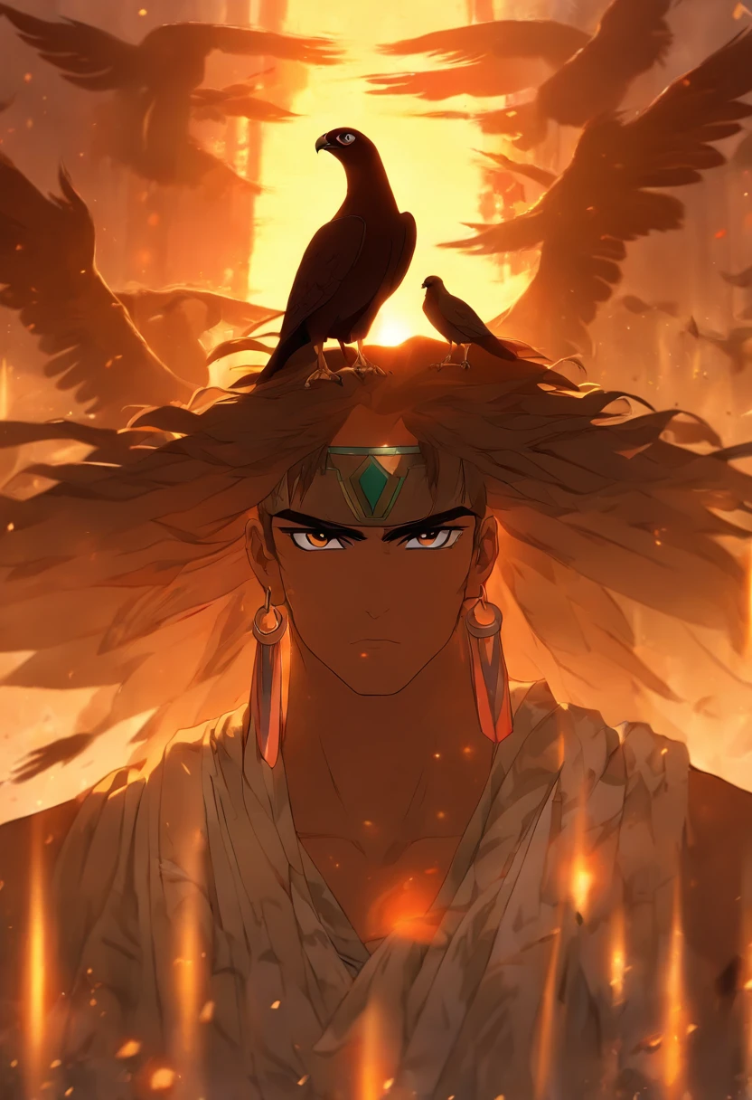 (((Body of a man and head of a bird))) best quality, very high resolution, 4K detailed CG, master piece, Egyptian mythology, Atum-Ra, Ancient Egypt, underworld, Sunrise, morning, River Nile, stream, River , desert, Ancient Egypt, ( (Sunrise)), aesthetic, Beautiful image, centered on the screen, ((Falcon's head and man's body))