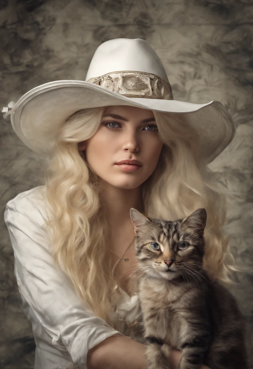 femme blanche blonde avec qui fume avec un chat et un chapeau