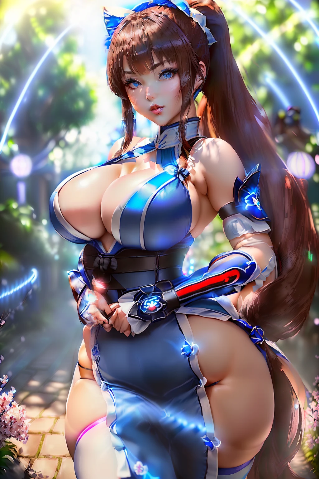 ((Kasumi from dead or alive series)) (beautiful face)(big glowing blue eyes)(red lips) (((very long light brown pony tail hairstyle))) ((very huge breasts) (perfect slim body) (wears sexy blue shinnobi dress with white ornament), (shinnobi gauntlets, stocking) (posing sexy alongside sakura garden) (high definition, amazing lights and shadows) ((masterpiece)) (8k) (perfect face) (ultra details) (perfect hands, eyes, and face)