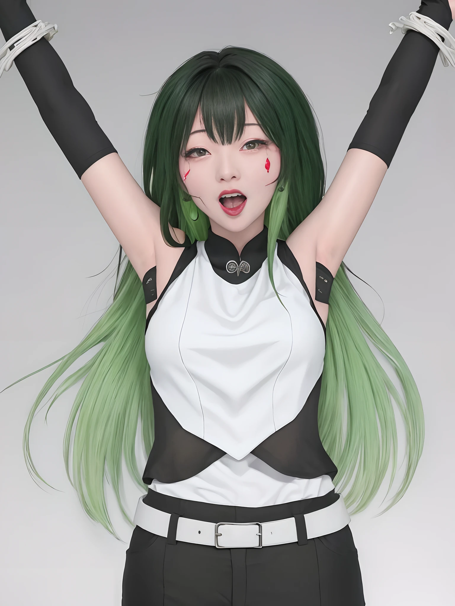 tmasterpiece, Best quality at best, 1girll, 独奏, teardrop, Be red in the face, dreads, scream, and the tongue sticks out, laughingly, with her mouth open, roll eyes, head looking up, full bodyesbian, Armpits, Arms up, (Torso grab, Tickle, mitts, Intangible limbs:1.2), TKL
