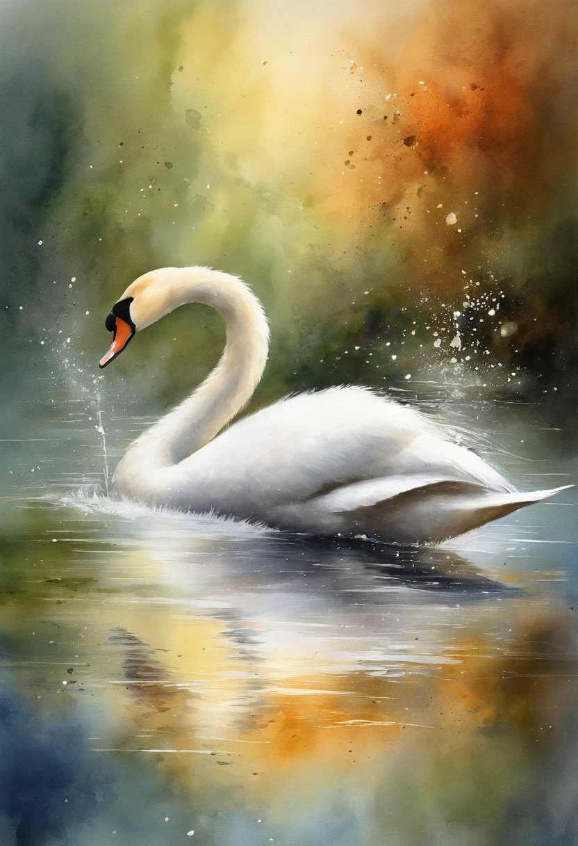 painting of a swan floating on water with a splashing background and spray paint effect, by Eugeniusz Zak, watercolor art, by Károly Lotz, watercolor painting, watercolor painting style, watercolor detailed art, by Reuben Tam, watercolor digital painting, watercolor, masterfully detailed watercolor, watercolor art, Grzegorz Rutkowski