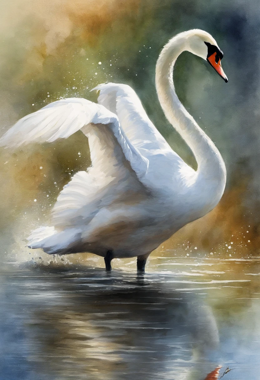 painting of a swan floating on water with a splashing background and spray paint effect, by Eugeniusz Zak, watercolor art, by Károly Lotz, watercolor painting, watercolor painting style, watercolor detailed art, by Reuben Tam, watercolor digital painting, watercolor, masterfully detailed watercolor, watercolor art, Grzegorz Rutkowski