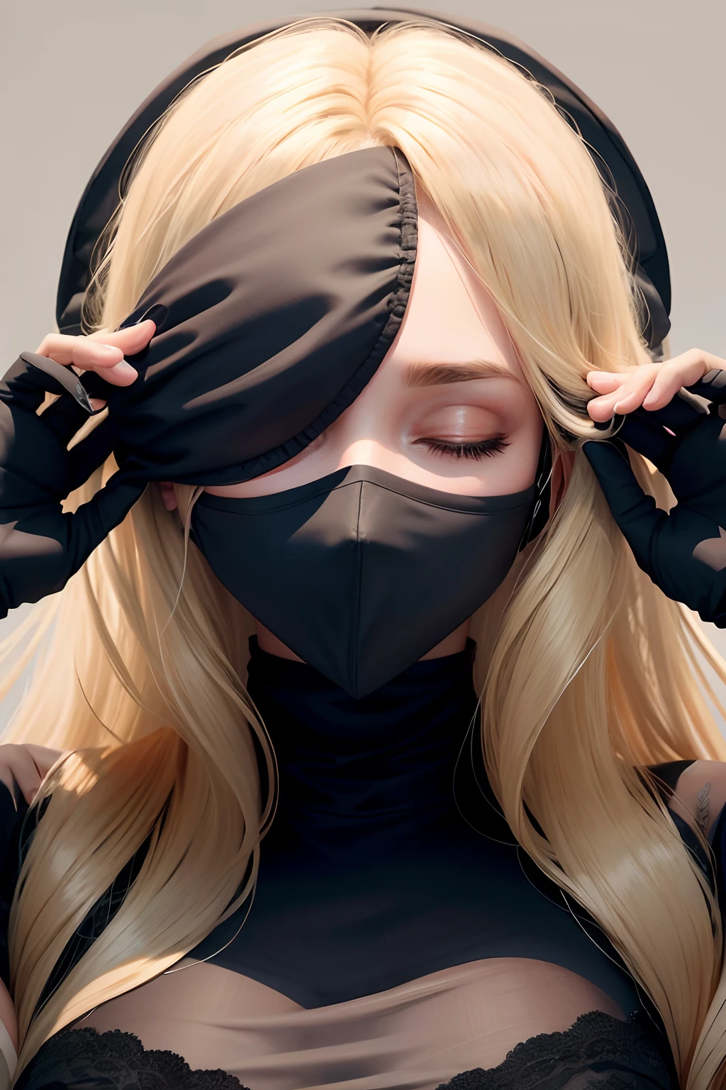 A blonde woman wearing a black sleep mask covering her eyes.