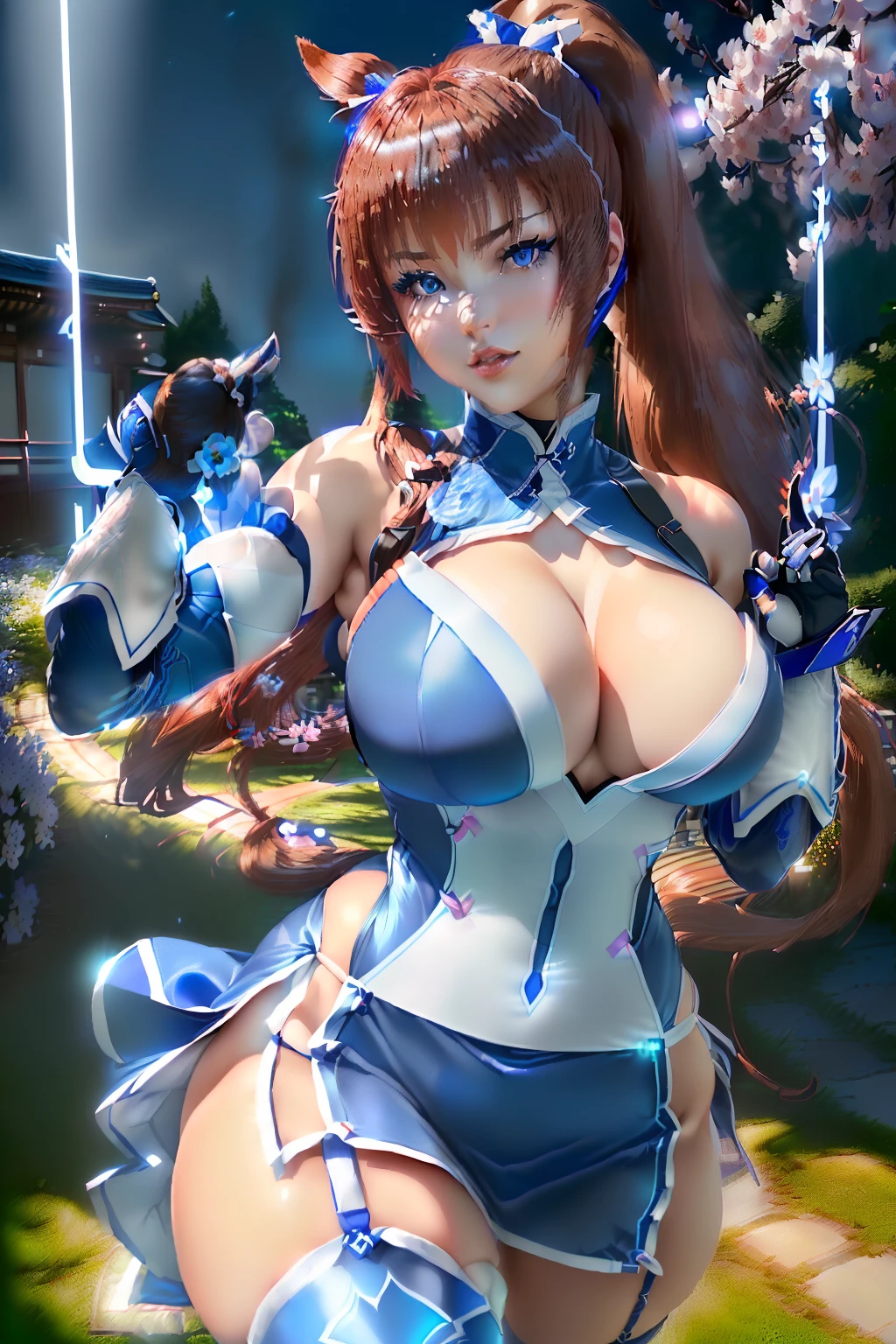 ((Kasumi from dead or alive series)) (beautiful face)(big glowing blue eyes)(red lips) (((very long light brown pony tail hairstyle))) ((very huge breasts) (perfect slim body) (wears sexy blue shinnobi dress with white ornament), (shinnobi gauntlets, stocking) (posing sexy alongside sakura garden) (high definition, amazing lights and shadows) ((masterpiece)) (8k) (perfect face) (ultra details) (perfect hands, eyes, and face) ((fighting pose))