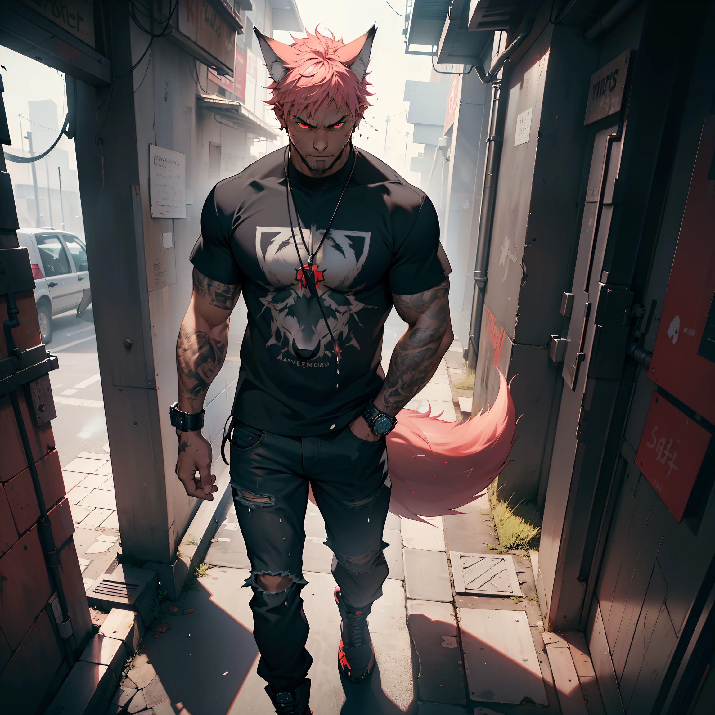 masterpiece, 4K image, detailed, intricate, aerial shot, head to toe, he is posing in a cool way slim build young male teen boy clean cut and short cropped pink hair, has dark tan skin, has light body hair, he's a badboy with a mean look, he is scowling, ((has wolf ears, has wolf tail)), solo, alone, has glowing red eyes, he is in an urban fantasy environment that is gritty and grungy, ((splashed ink)), he is wearing stylish punk clothing