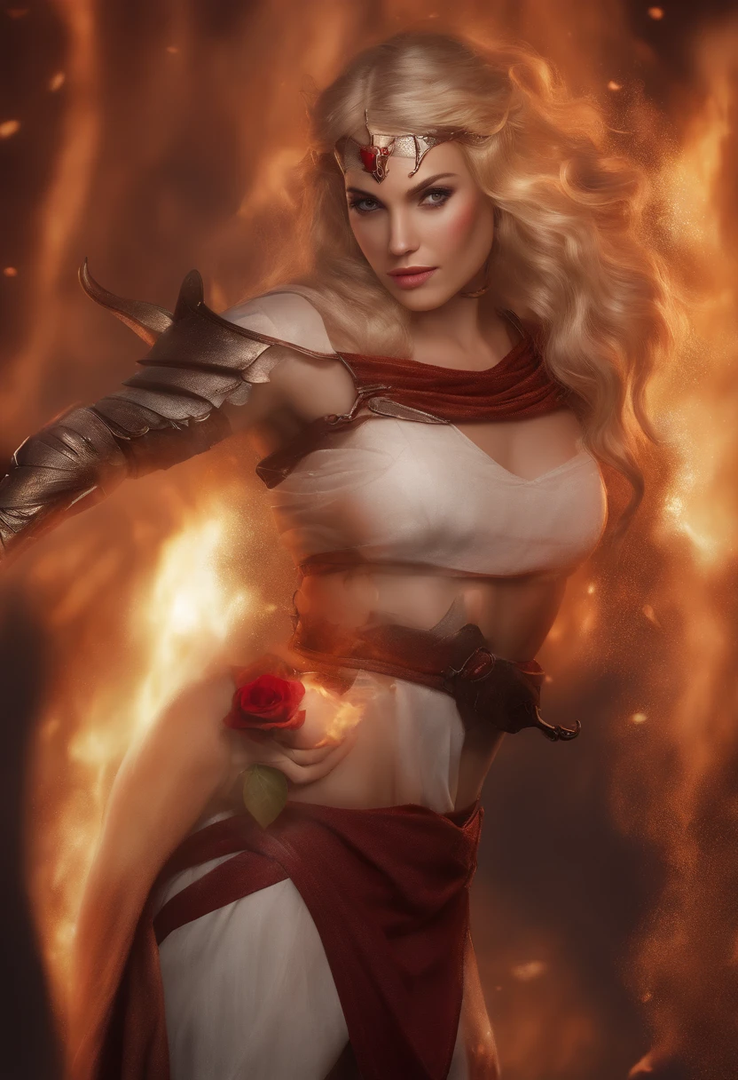 (((ember:2))), NSFW, Чемпион по League of Legends (Masterpiece, Best Quality, photorealestic:1.4), (sparkly skin), (UHD, 8k wallpaper, High Resolution), perfect anatomy, Cinematic lighting, physical based rendering, Award-winning, Extremely detailed skin, Very detailed face, Eyes with beautiful details, (((ung man ))), (shoulder-length blonde hair, without bangs), naked torso, slim physique ( A rose of fire in your hands :1.3) Cold palette, Lord of Fire, A burning gaze