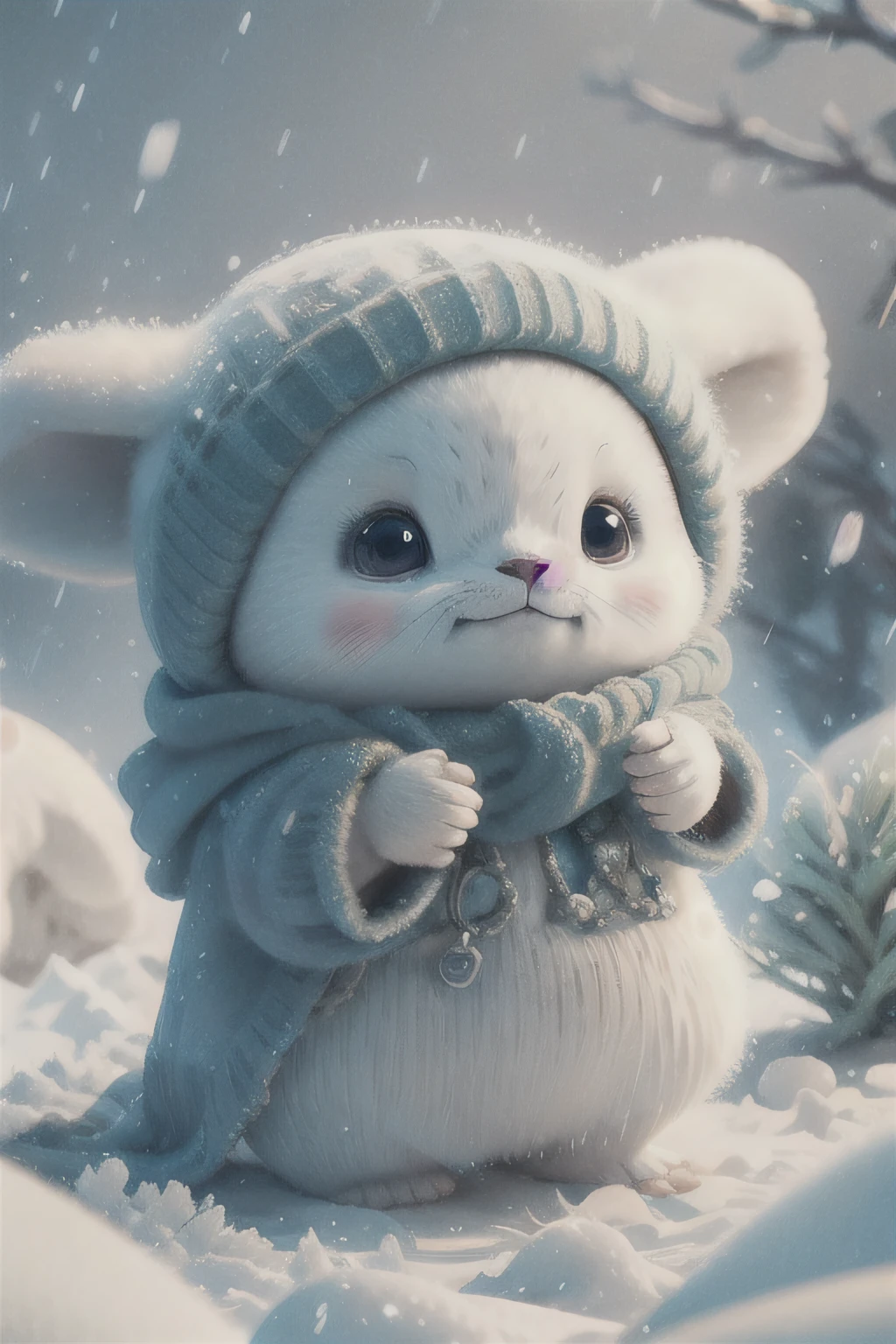 cute harp seal with fluffy fur wearing a snapback hat, lying flat down in snow, head and body covered in a pile of snow, snowing in the arctic, vivid colors, 3d render, bright lighting, vivid colors, grinning from ear to ear,