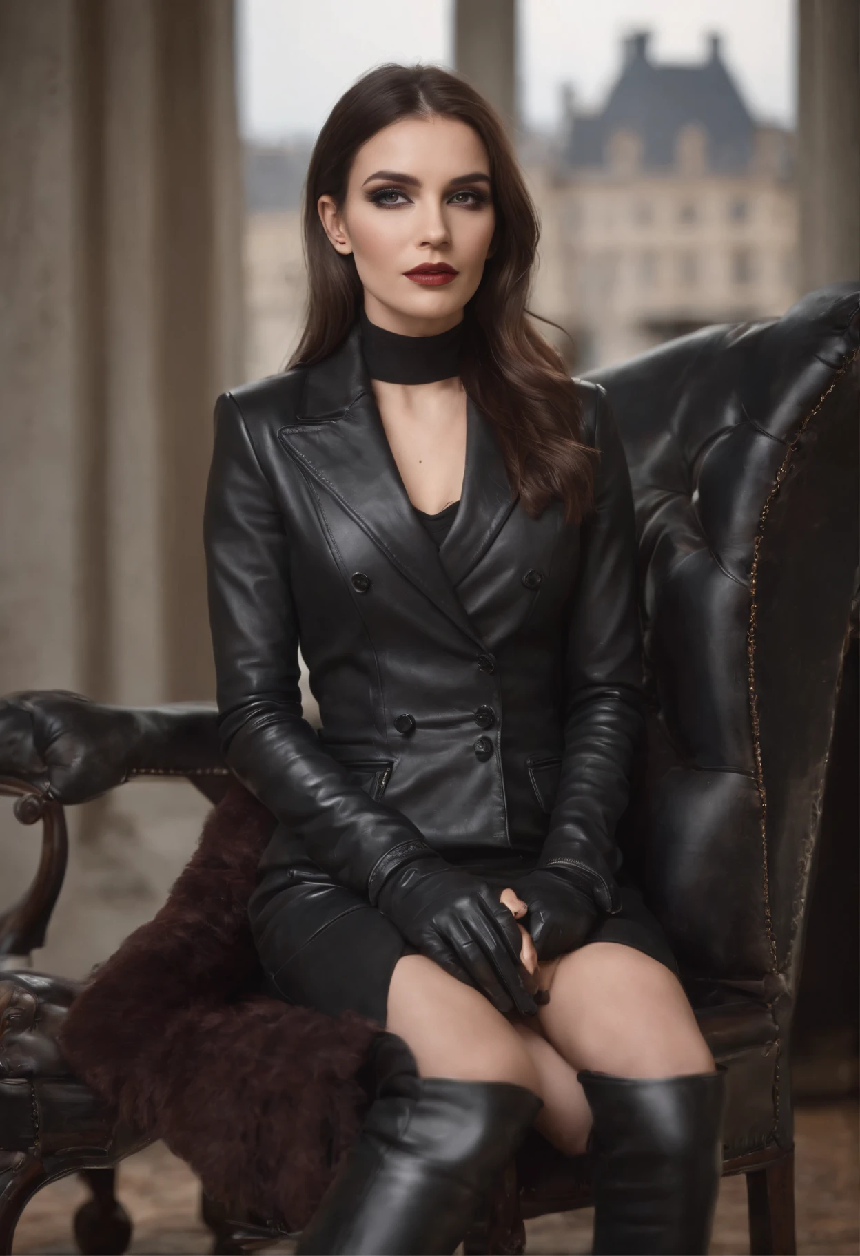 Black leather gloves with five fingers in both hands, black leather tight skirt, black leather blazer, black leather long boots, sit with legs aligned in a luxurious leather chair, both hands of leather gloves are aligned on the knees, hair tied behind her, a mysterious woman with a silhouette from the neck up