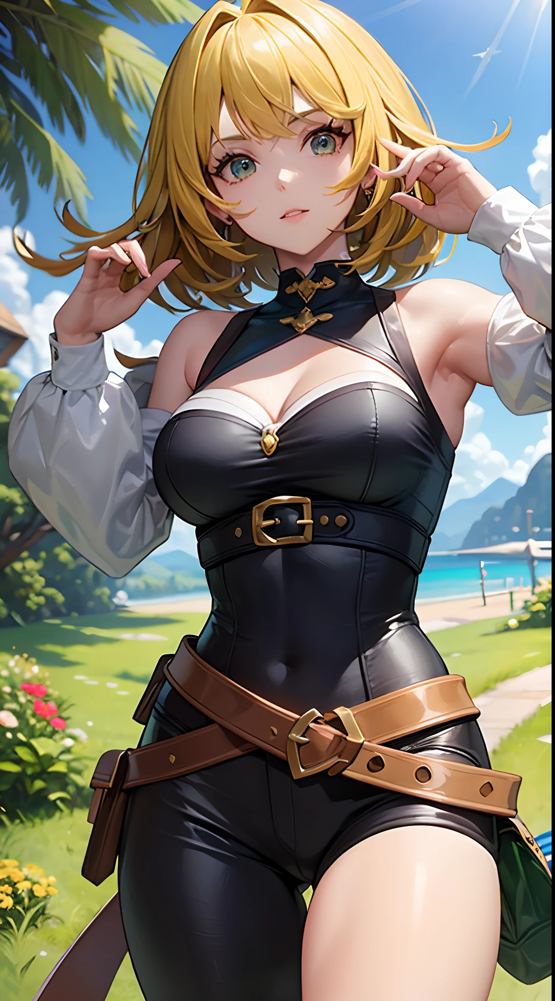Mulher com 21 anos, loira, sexy, linda, esbelta, pele linda, esbelta, seios grande e avantajados, desinibida, roupas curtas e provocante, decote, pose dynamic, rosto avermelhada, ahegao
