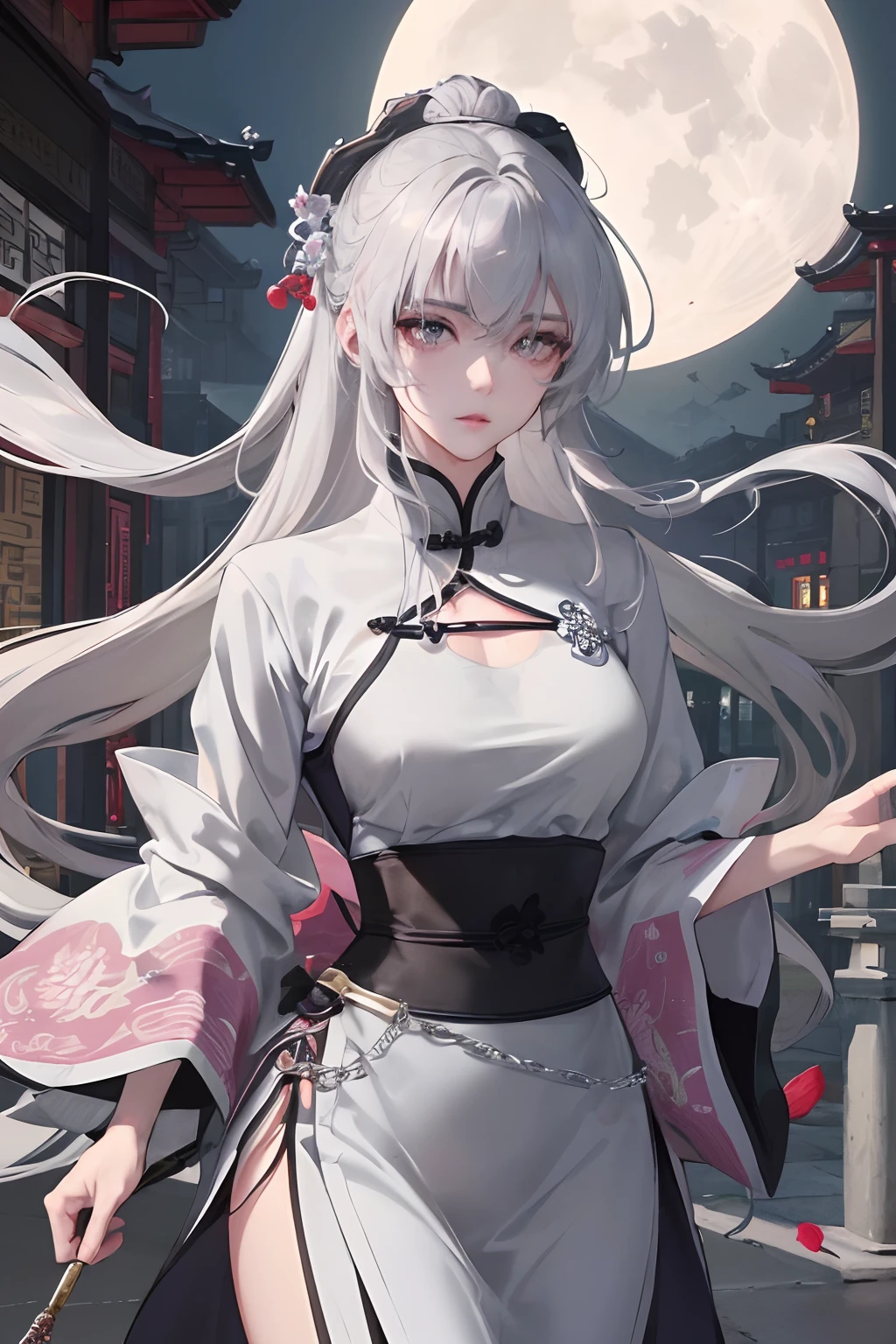 Masterpiece, Best Quality, Night, Full Moon, 1 Girl, Mature Woman, Chinese Style, Ancient China, Sister, Royal Sister, Cold expression, expressionless face, Silver white long haired woman, Light pink lips, Calm, Intellectual, Three belts, Gray pupils, Assassin, Short knife, Flower ball background, Strolling in the street scenery