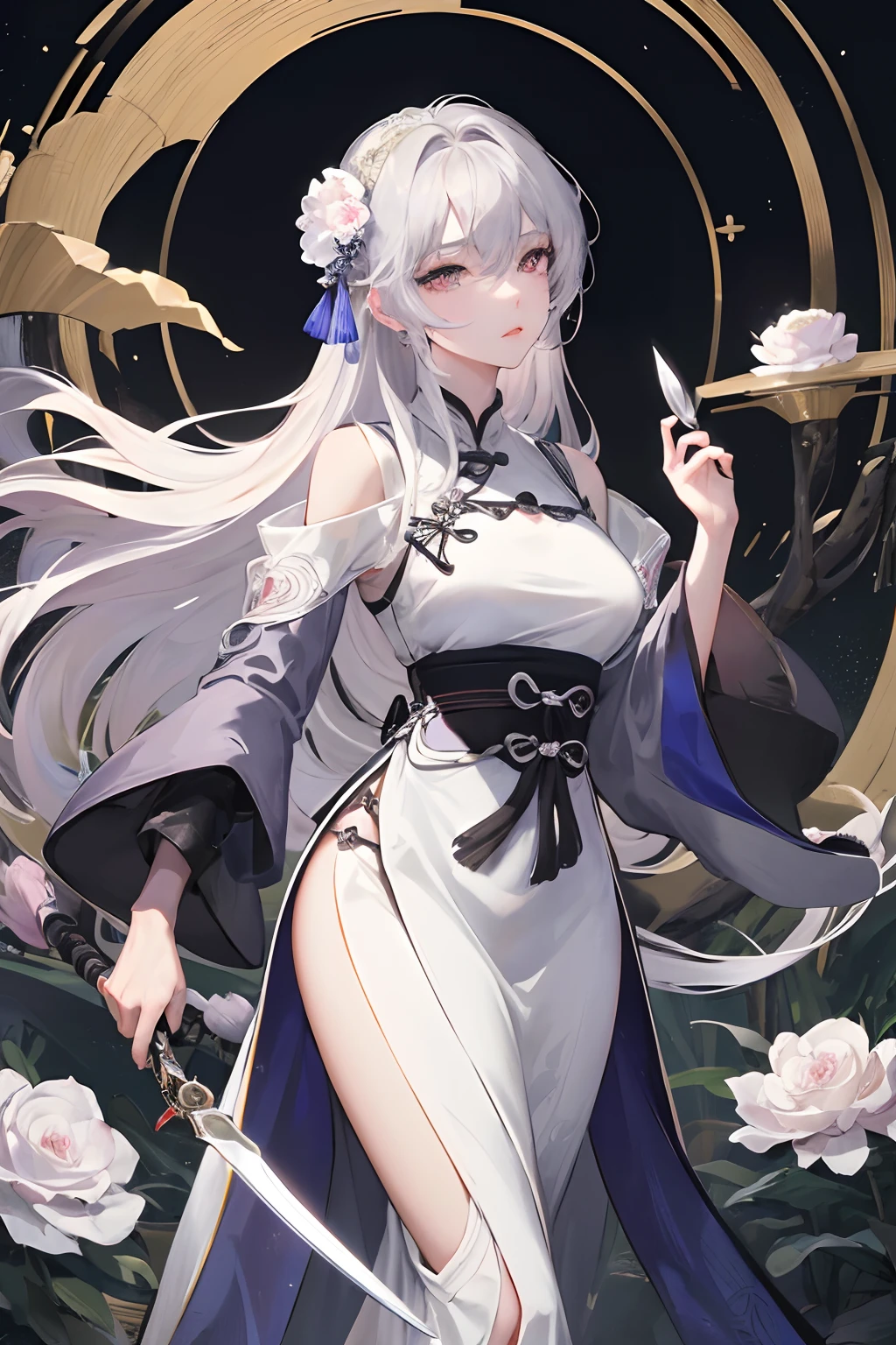 Masterpiece, Best Quality, Night, Full Moon, 1 Girl, Mature Woman, Chinese Style, Ancient China, Sister, Royal Sister, Cold expression, expressionless face, Silver white long haired woman, Light pink lips, Calm, Intellectual, Three belts, Gray pupils, Assassin, Short knife, Flower ball background, Strolling in the street scenery