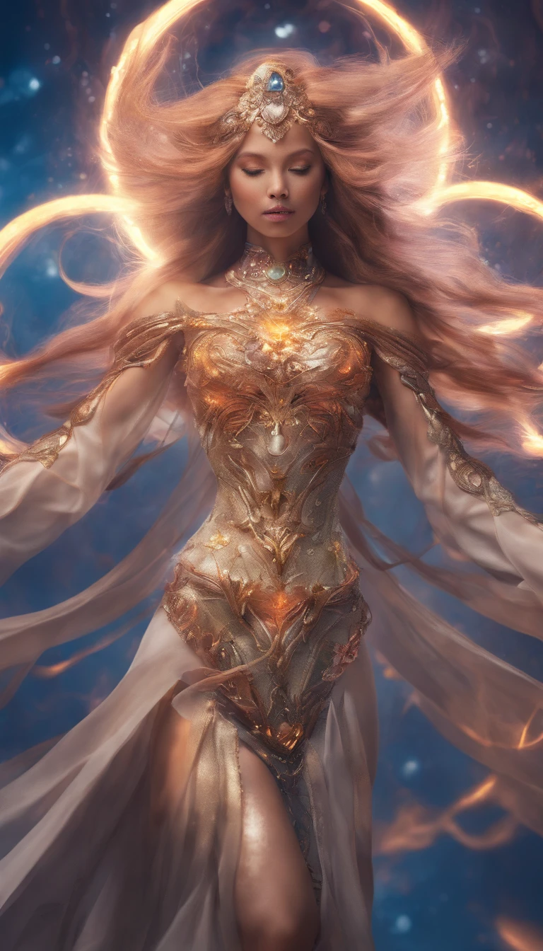 (best quality,4k,8k,highres,masterpiece), ultra-detailed,(realistic,photorealistic,photo-realistic), angelic woman with a mechanical body, cybernetic limbs and features,beautiful detailed eyes,beautiful detailed lips,silver metallic skin, sparkling eyes, vibrant flames, powerful aura, intense energy, flaming feathers[Best quality], detailed metallic textures, glowing effects, dynamic composition, vibrant colors, ethereal lighting. (cosmic,celestial) powers and explosions,supernatural beauty,transformative experience,spiritual awakening,emerging from darkness, glowing circuit patterns,ethereal halo above her head,colorful neon lights reflecting on her body, ethereal atmosphere,evolving forms,divine symmetry,surreal dimensions,illusory effects,luminous aura,intense heat and flames,dazzling light rays, serene expression on her face,graceful floating pose,serene and mysterious aura,elusive and elegant,soft color palette with a hint of blue,soft diffused lighting,creating a dreamlike ambiance.