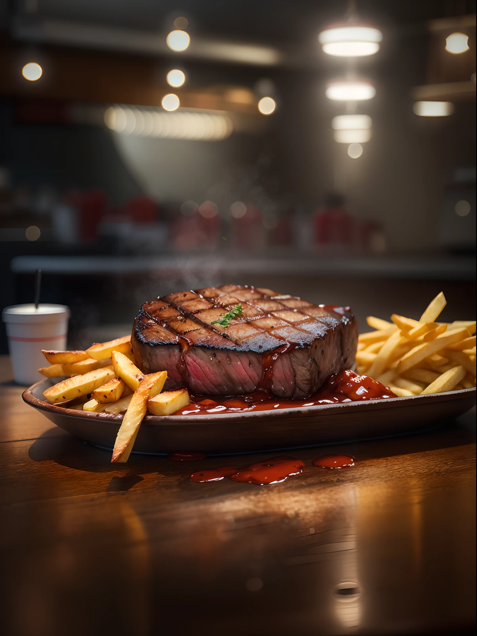 steak, fries, sauce, steam, perfect lighting, photo,image hyperrealism, realistic