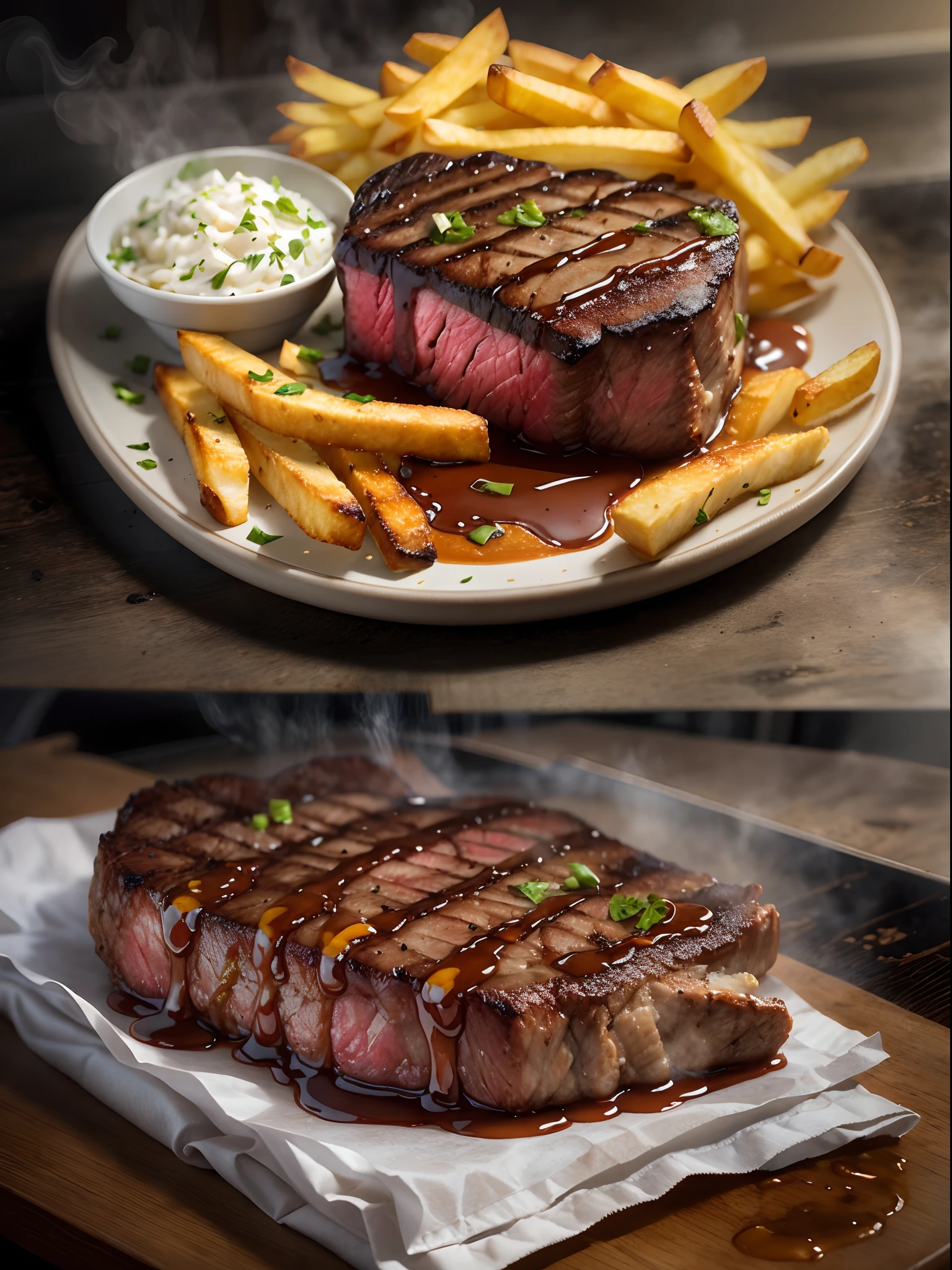 steak, fries, sauce, steam, perfect lighting, photo,image hyperrealism, realistic