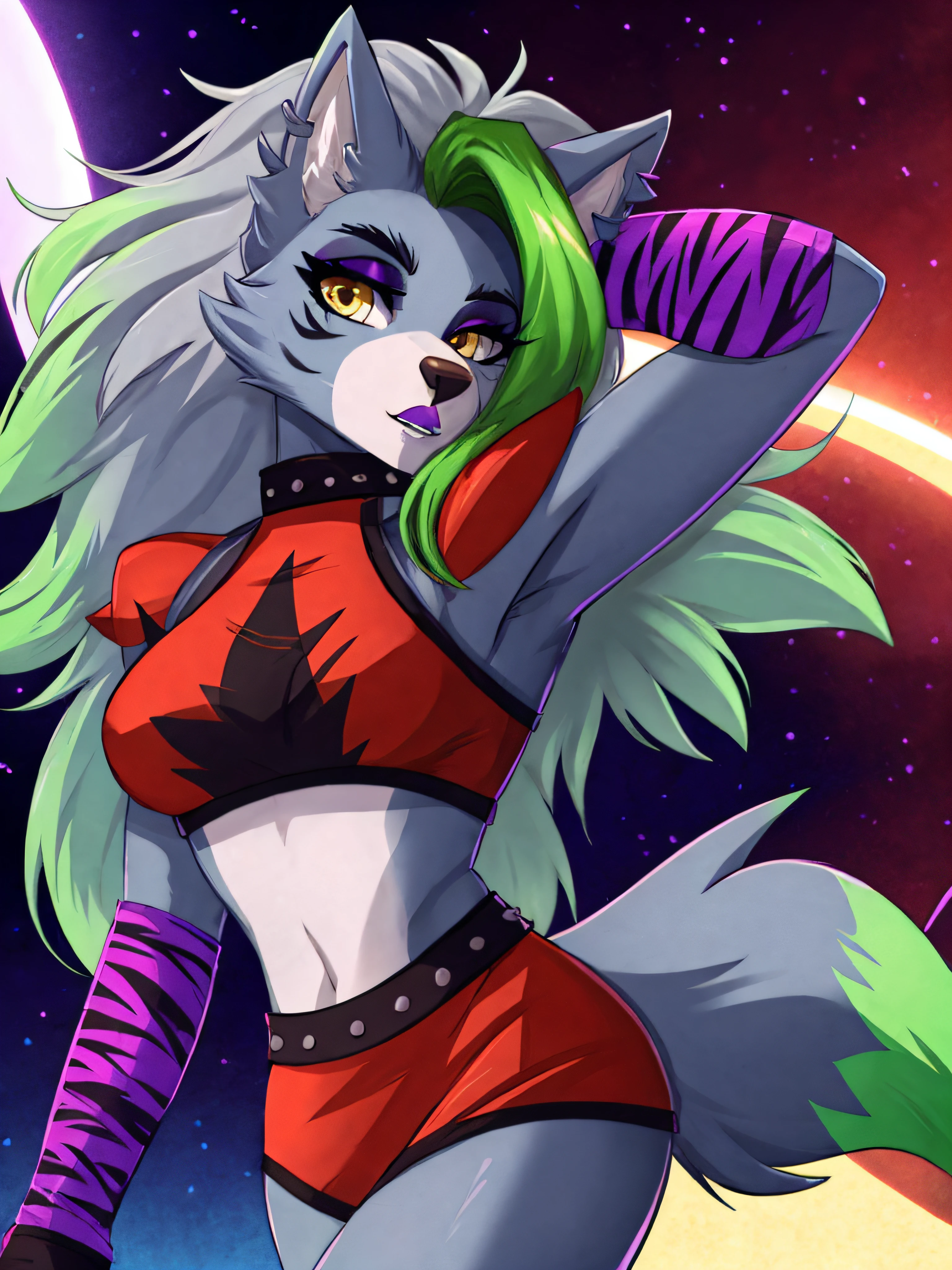 best quality, fnafroxanne, furry female, body fur, makeup, wolf ears, wolf tail, grey hair, green hair, yellow eyes, crop top,