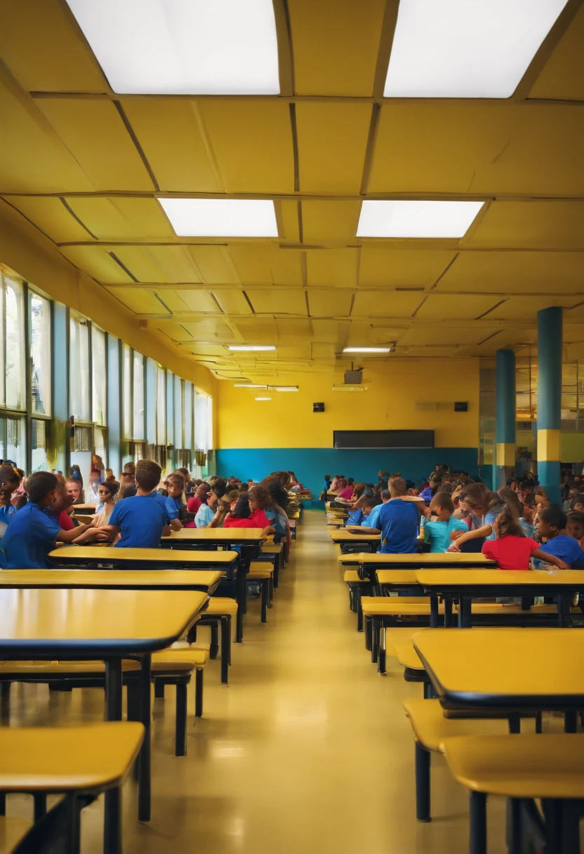 school cafeteria with many students aged to 18 in the lunch queue