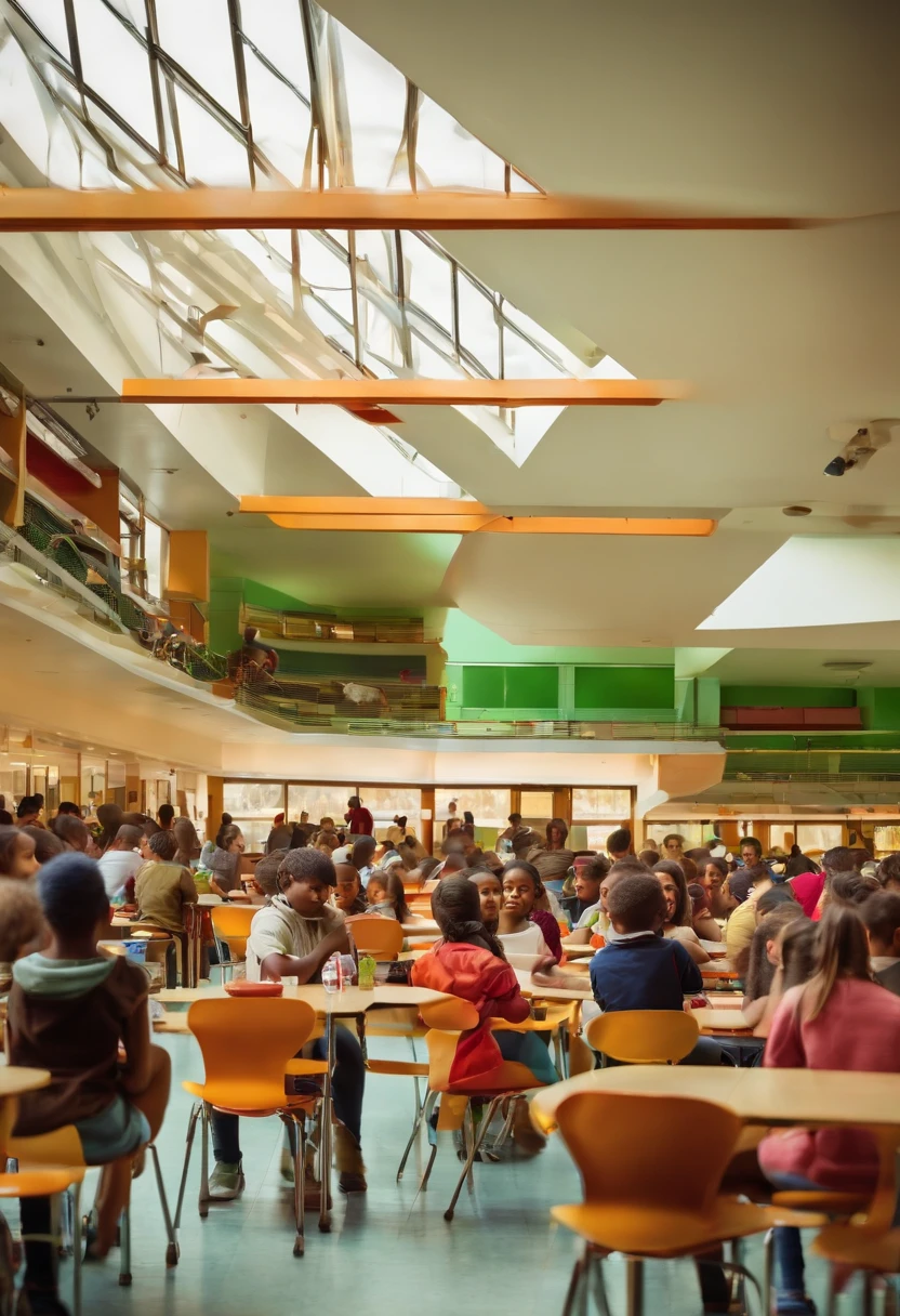 school cafeteria with many students aged 12 to 18 in the lunch queue