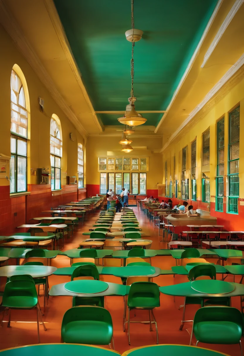 school cafeteria with many students aged 12 to 18 in the lunch queue