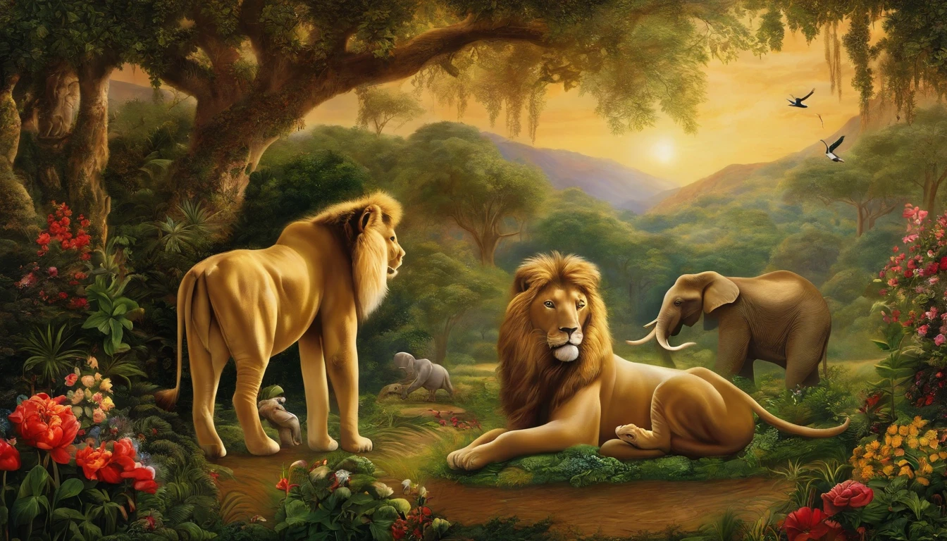 Adam and Eve in the Garden of Eden, cercado por animais e plantas de todo o mundo. Adam and Eve are shown standing in the center of the image., diante de Deus. God is over them, with hands raised in blessing. Around Adam and Eve there are a variety of animals, Including lions, Tigres, Ursos, Elefantes, Girafas, birds, e peixes. There is also a variety of plants, including trees, flor, e frutas. The general mood of the painting is one of peace, abundance, e harmonia.
