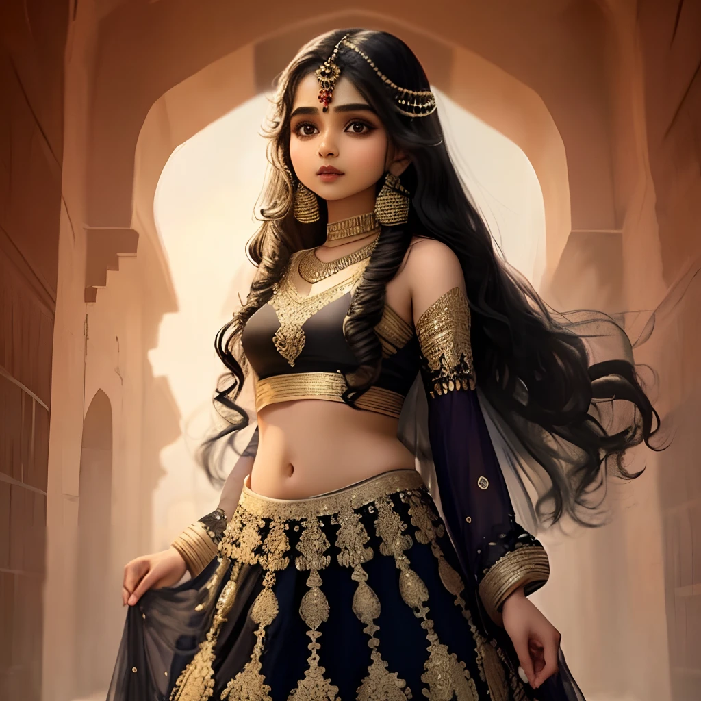 A Indian girl light :-) black long hair small eyes Indian dress lehenga