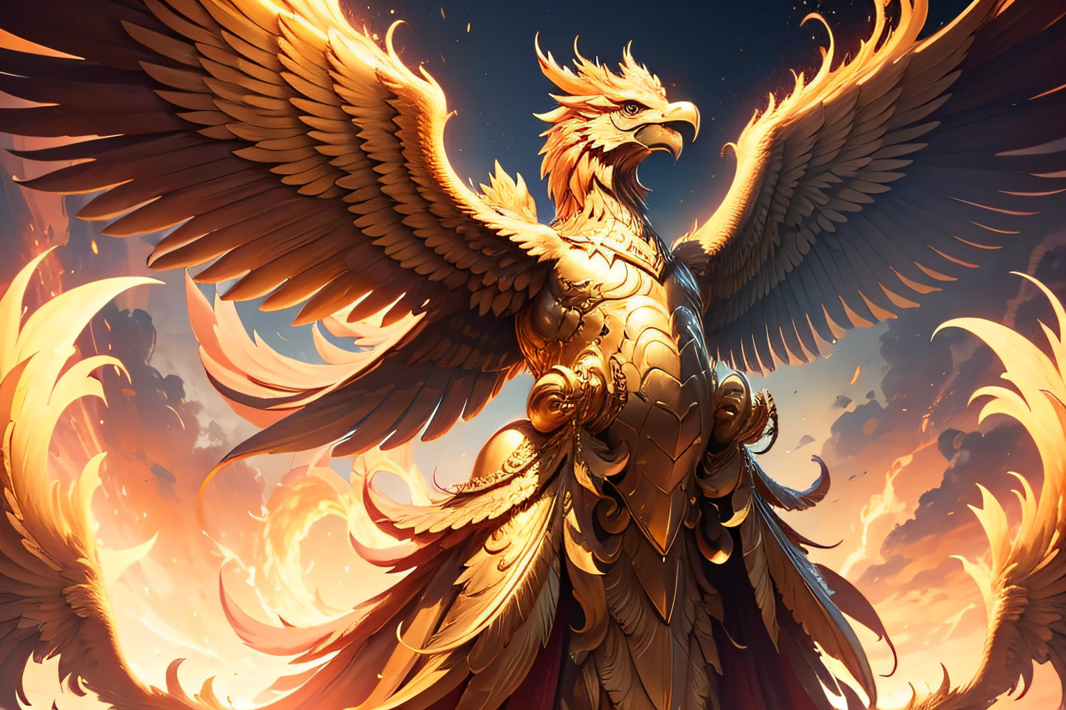 A golden phoenix facing the front and spreading its wings