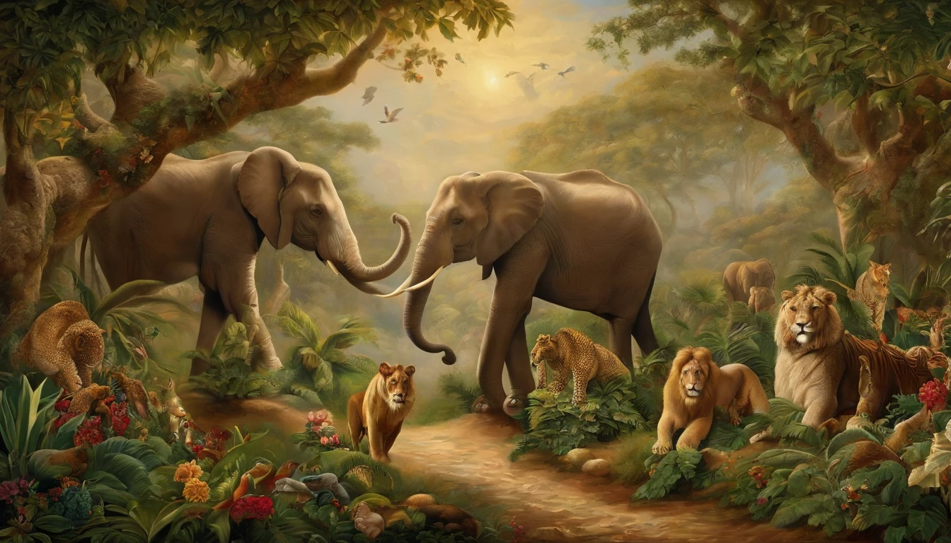 Adam and Eve in the Garden of Eden, cercado por animais e plantas de todo o mundo. Adam and Eve are shown standing in the center of the image., diante de Deus. God is over them, with hands raised in blessing. Around Adam and Eve there are a variety of animals, Including lions, Tigres, Ursos, Elefantes, girafas, birds, e peixes. There is also a variety of plants, including trees, flor, e frutas. The general mood of the painting is one of peace, abundance, e harmonia.