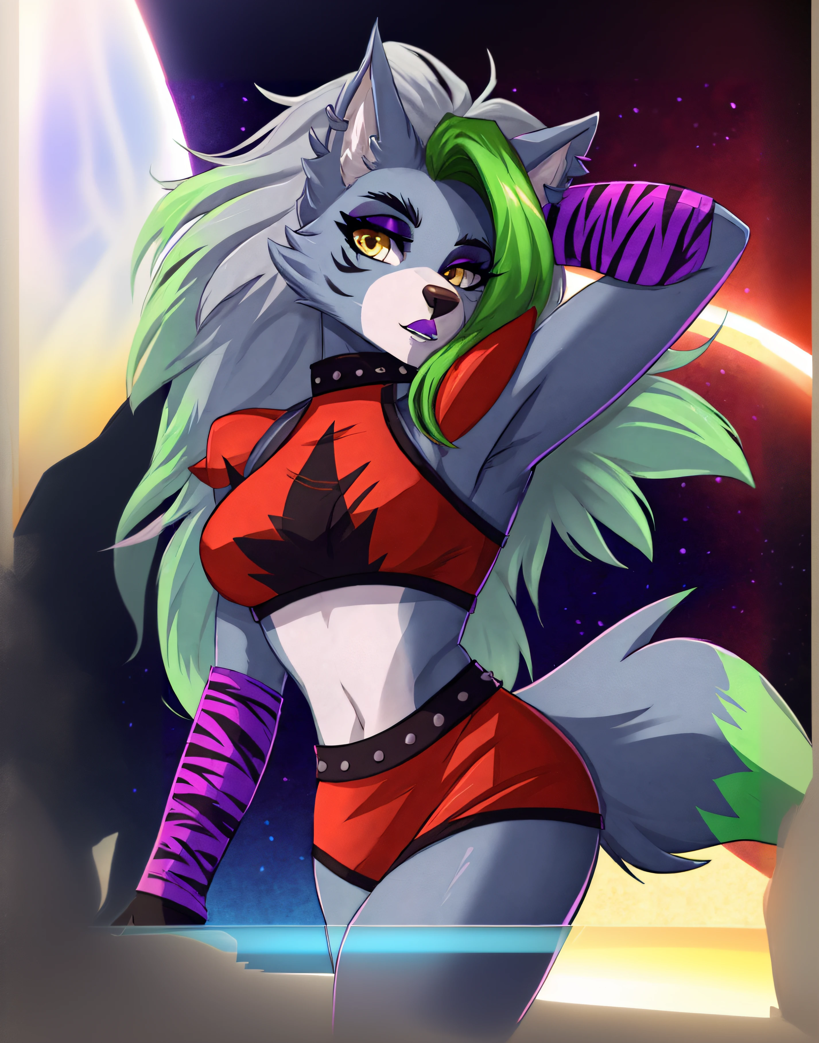 fnafroxanne, furry female, body fur, makeup, wolf ears, wolf tail, crop top, big breasts, purple lipstick, collar, spikes, jewelry, ear piercing, bracelet, yellow eyes, detailed eyes, 3DMM, gray hair, green hair, make sure to look for a roxanne model