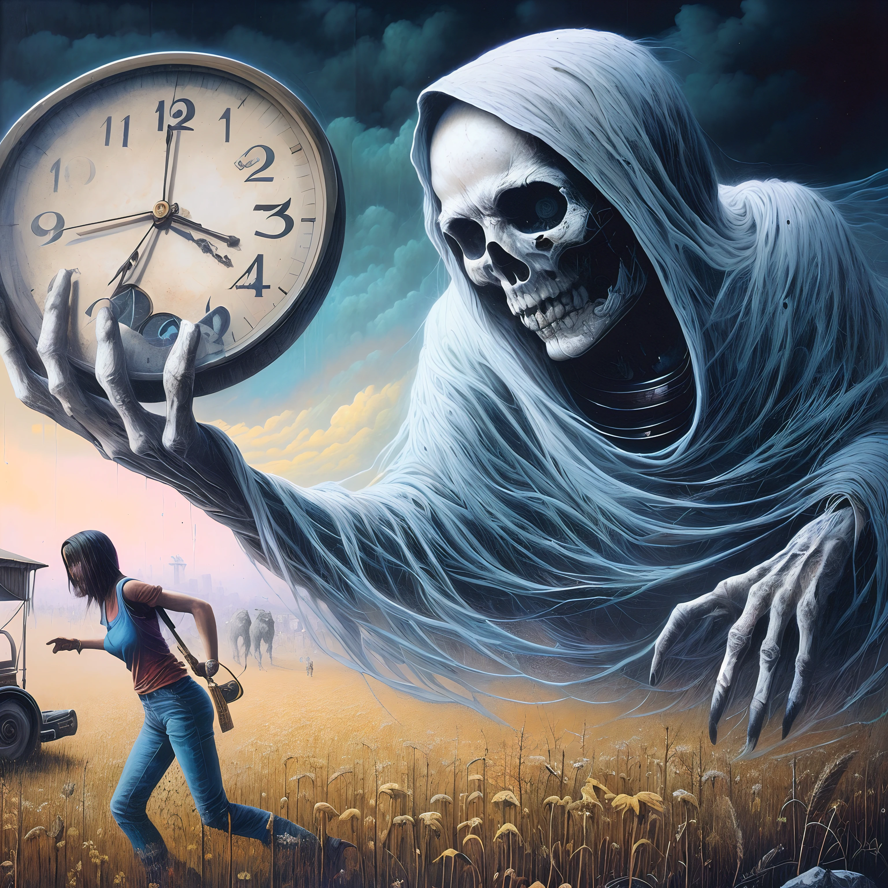 Pintura de una mujer corriendo en un campo con un reloj en la mano, Rey del Segador del Tiempo, El tiempo nos consume a todos, Illusion of bent time, Rob McNaughton, El tiempo se acaba, El tiempo ya no existe, por Ron English, Tiempo del Padre, Beksinski y Dan Mumford, Pintura de Dan Mumford, adrian borda, El paso del tiempo