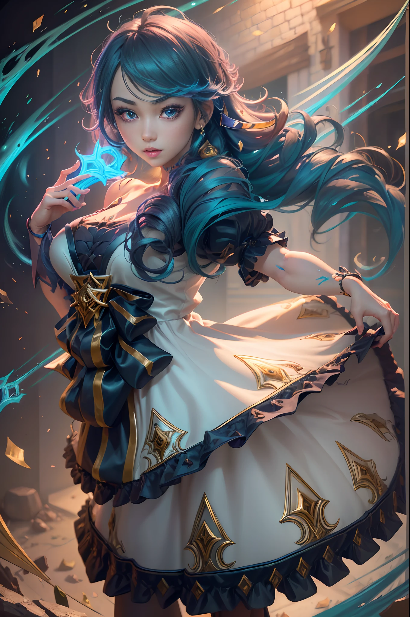 gwen \(league of legends\) holding her weapon in the form of scissors, energy needles around her, magical aura around the character.