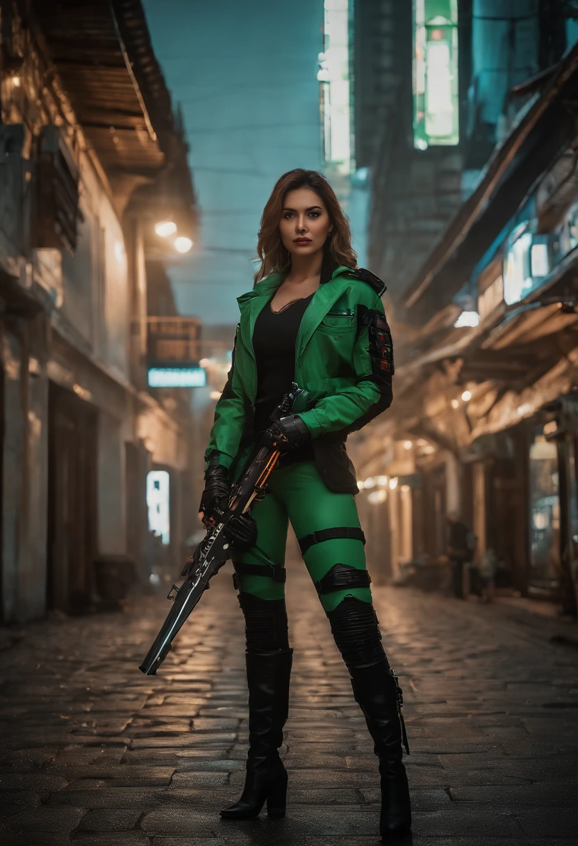 (master part, best quality, 8k, foco nítido, profundidade de campo, Melhores Sombras, luzes perfeitas, HDR, textura de pele realista, fundo hiper detalhado), estilo anime, Long Angle Shooting, ((tema cyberpunk)), sozinho, 1 mulher, she's a mercenary, (olhos verdes, pele branca, cabelo preto com rabo de cavalo, Gargantilha, seios pequenos, esguio, maquiagem, delineador, lustro), She's doing a job in a futuristic Korean city, holding a Tech-katana with a strong grip, Noite, heaven, lua minguante, wearing a tech jacket and leather pants.