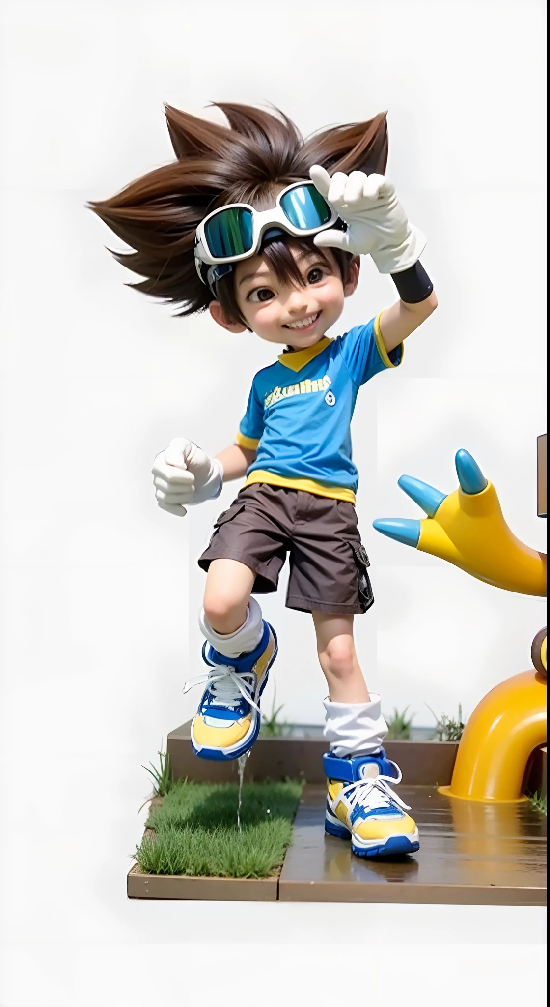 Male oriental character, 15 years old, smiling, brown hair, diving goggles, blue T-shirt with yellow collar, white gloves, brown shorts, white sneakers, blue and yellow details