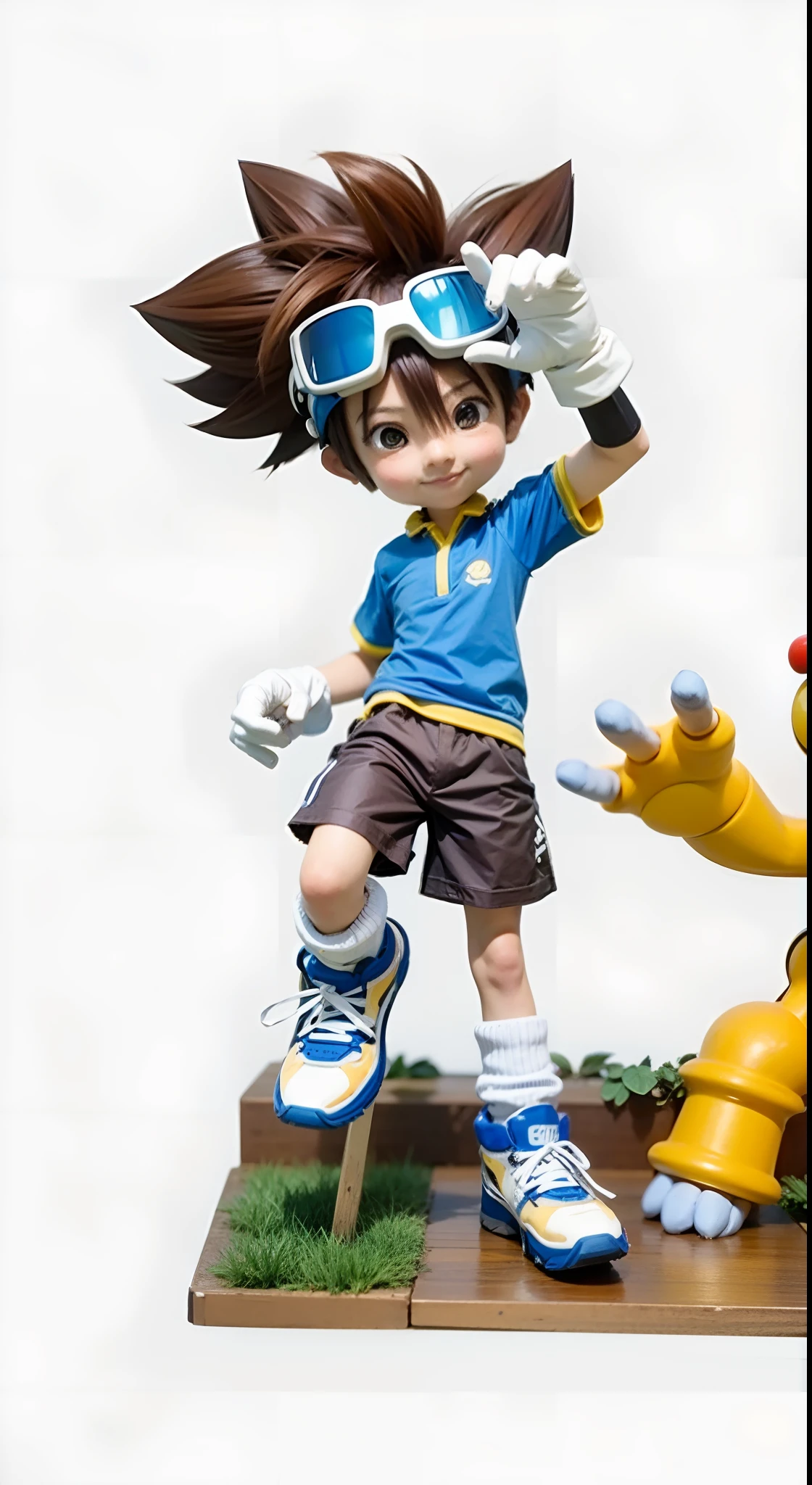 male oriental character, 15 years old, brown hair, diving goggles, blue t-shirt with yellow collar, white gloves, brown shorts, white sneakers, blue and yellow details