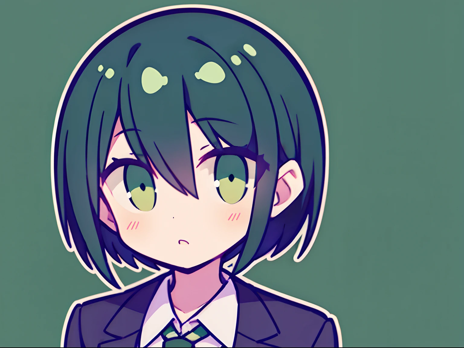 Girl in suit with short green and black hair
