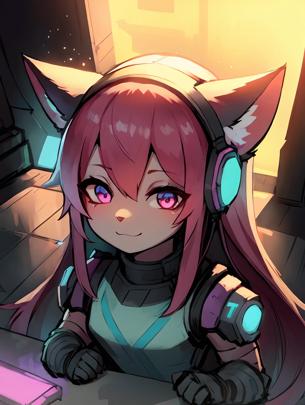 Cyberpunk girl with pink long hair,Q version,(ddlers,Ba adolable, cyberpunked, Cat Ear Headphones、Master masterpieces, hight resolution,8K,detailedbackground,hightquality,(((独奏))),looking at viewert,angle of view,From above,Dreams,Magical,baiyun,(Warm light source:1.2),Light steppe、Cyberpunk costumes、Cute Cyberpunk Girl
